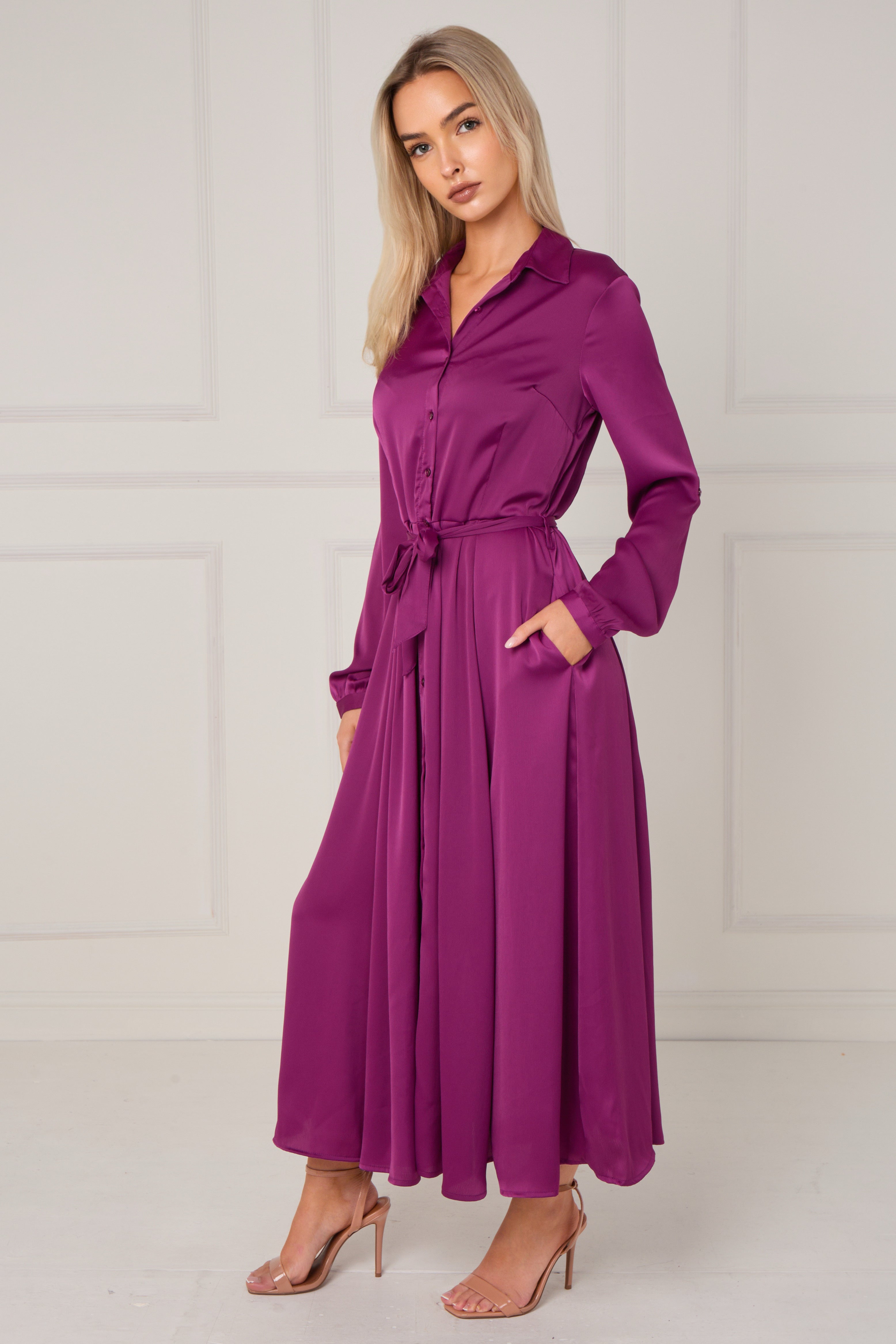 Magenta Layered Satin Long Sleeve Maxi Shirt Dress LS-2037-8078-61