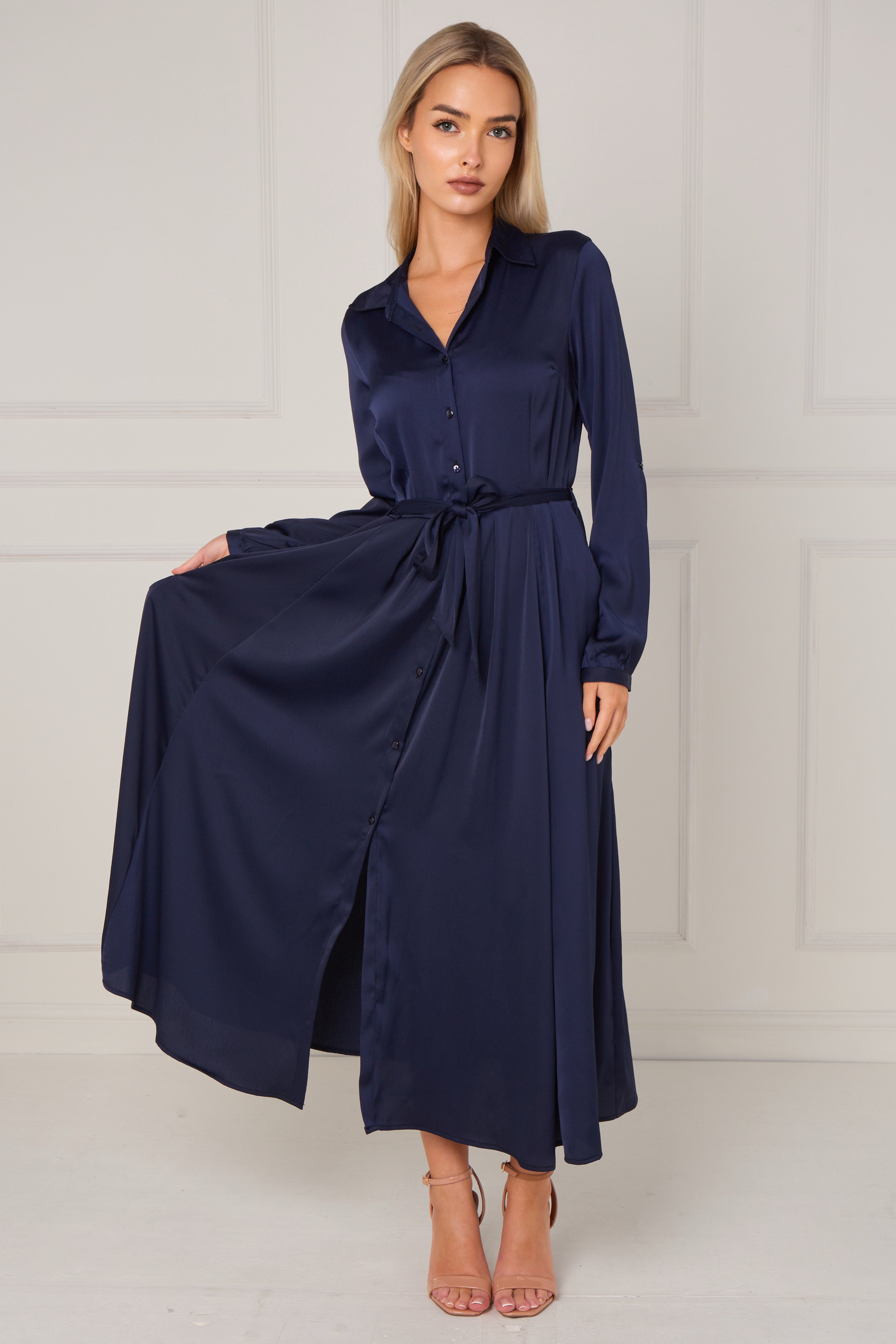Navy Layered Satin Long Sleeve Maxi Shirt Dress LS-2037-8078-32