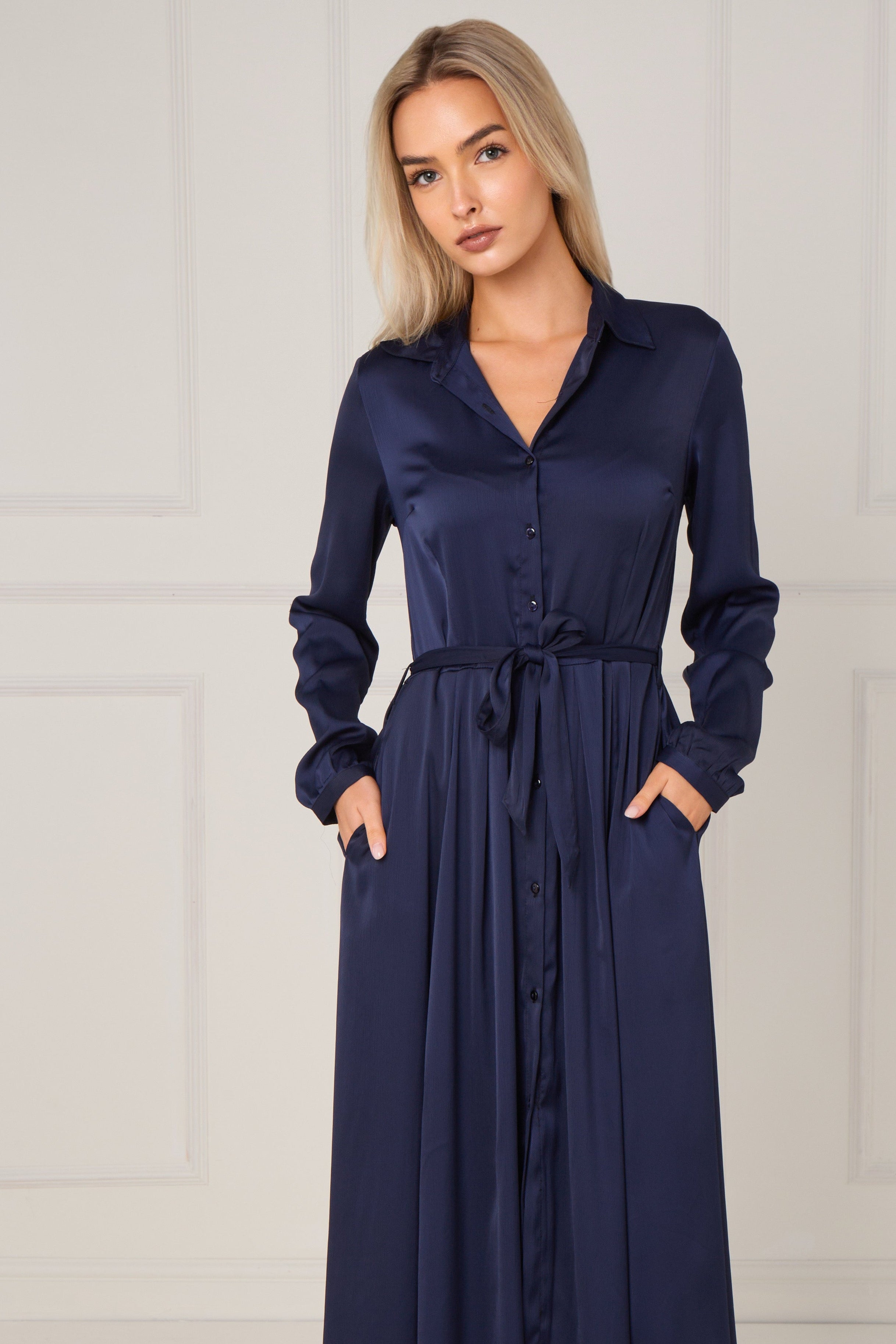 Navy Layered Satin Long Sleeve Maxi Shirt Dress LS-2037-8078-32