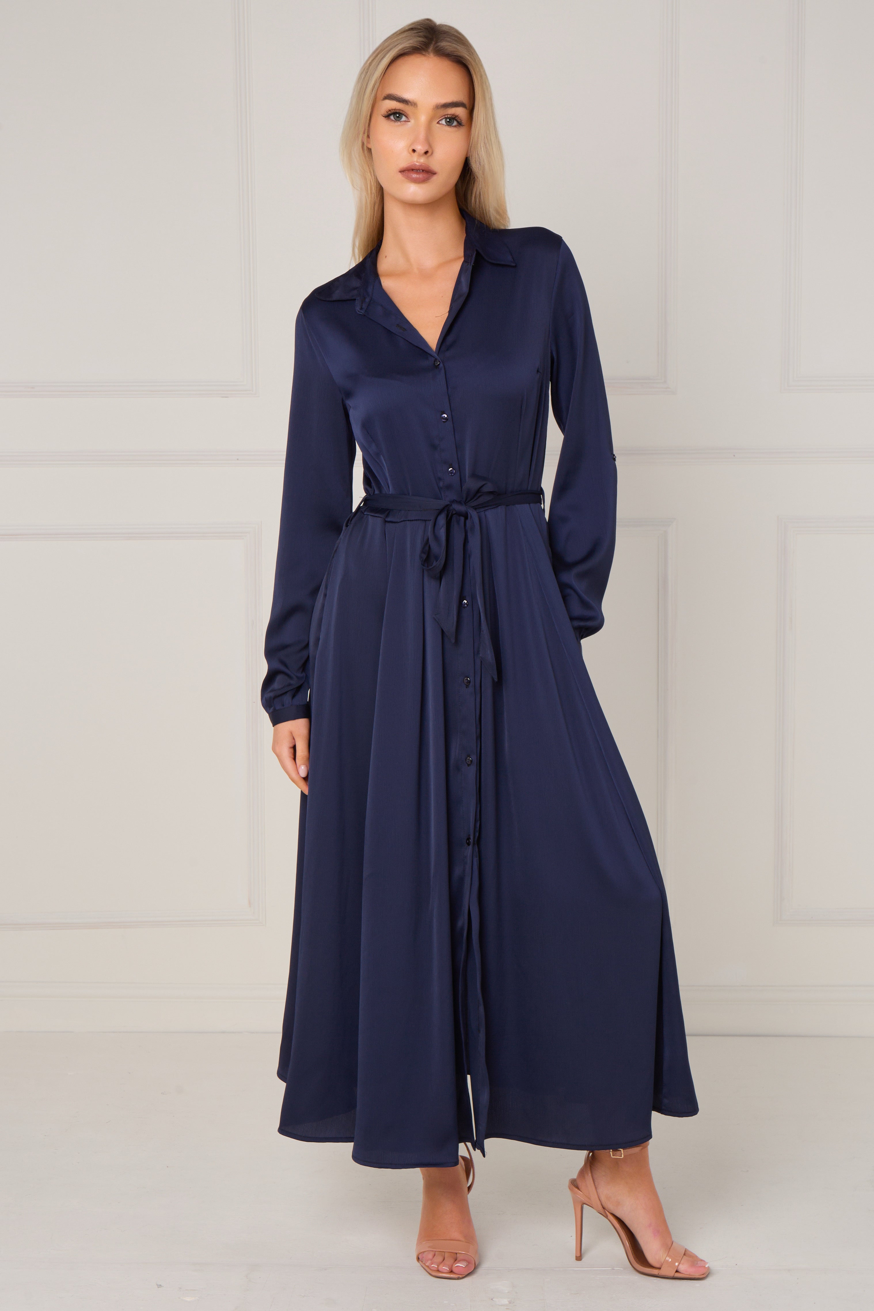 Navy Layered Satin Long Sleeve Maxi Shirt Dress LS-2037-8078-32