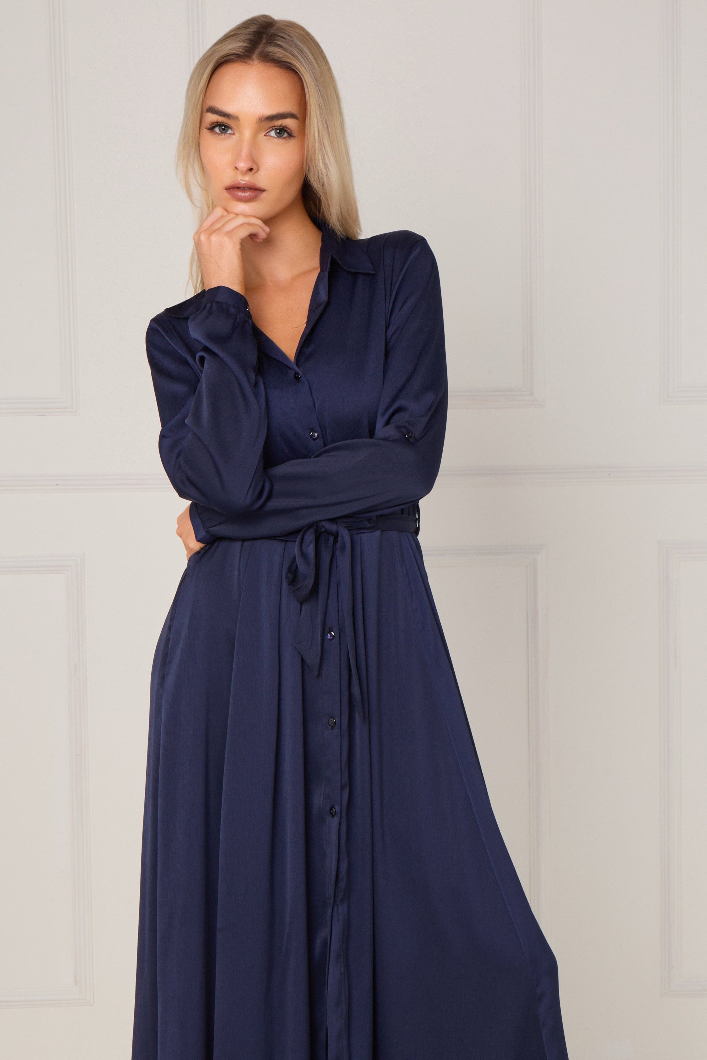 Navy Layered Satin Long Sleeve Maxi Shirt Dress LS-2037-8078-32