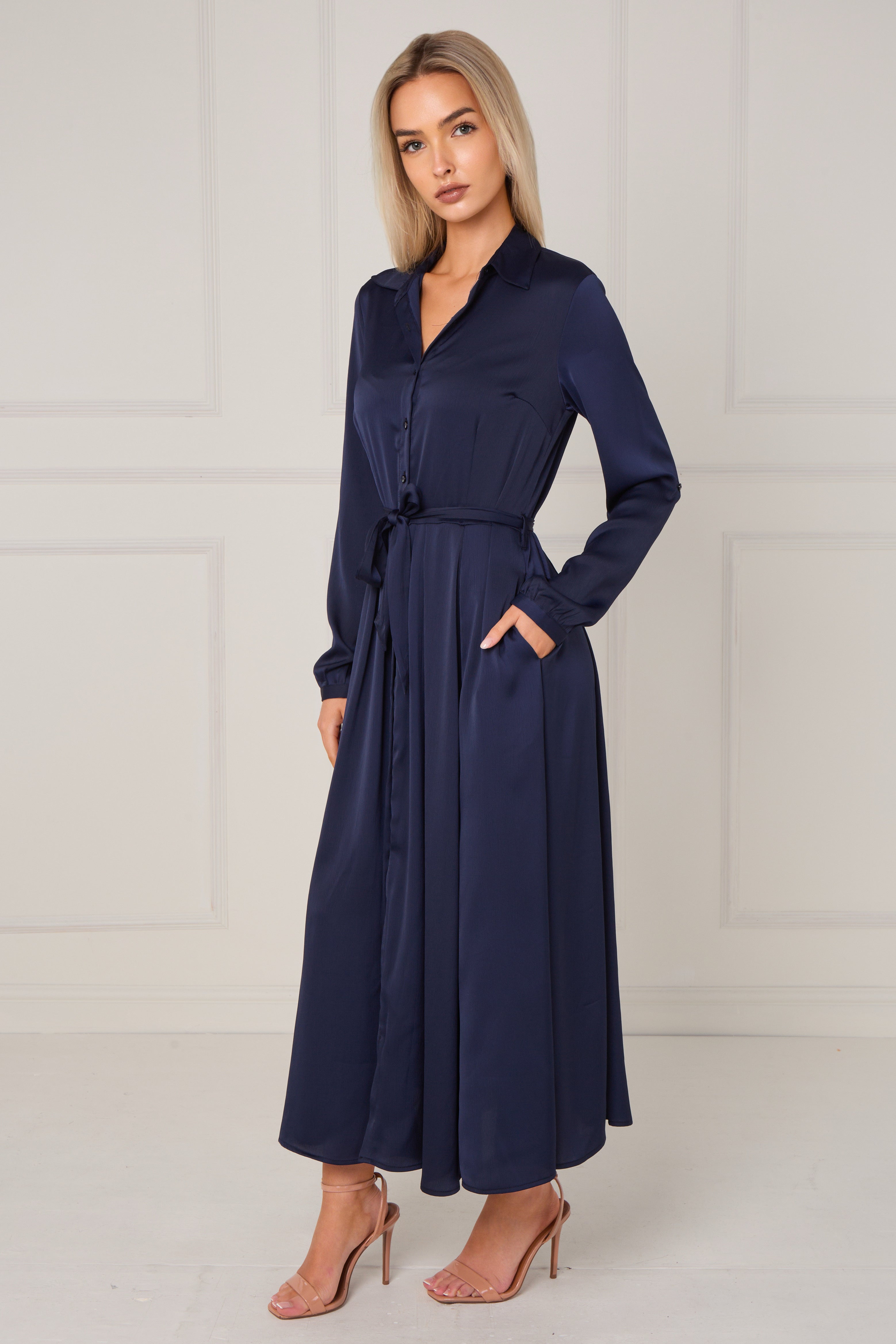 Navy Layered Satin Long Sleeve Maxi Shirt Dress LS-2037-8078-32