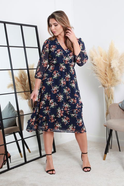 Double Second Printed Navy Wrap Dress With Tiered Frill Detail