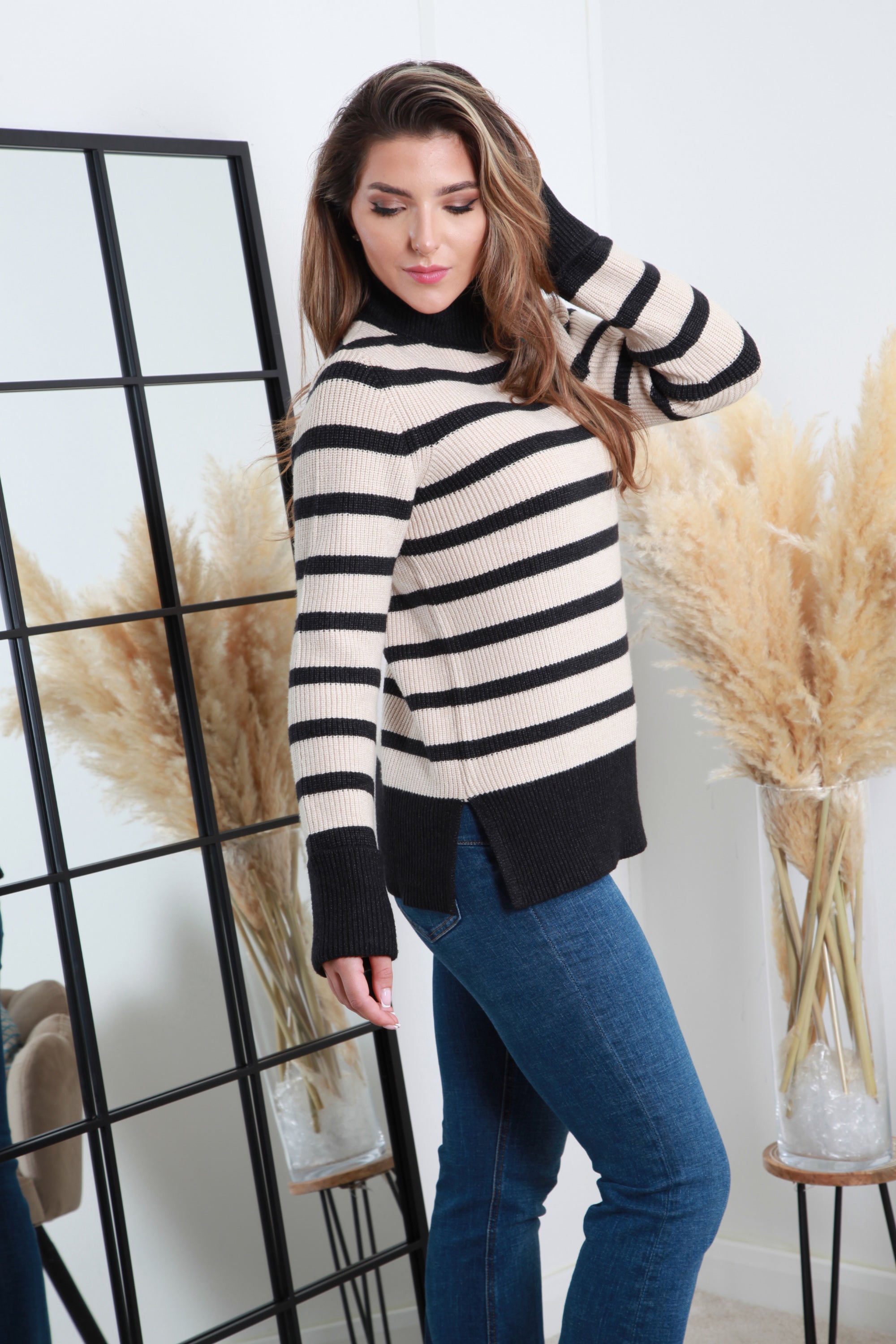 Black Striped Turtle Neck Knit Jumper KN0000528