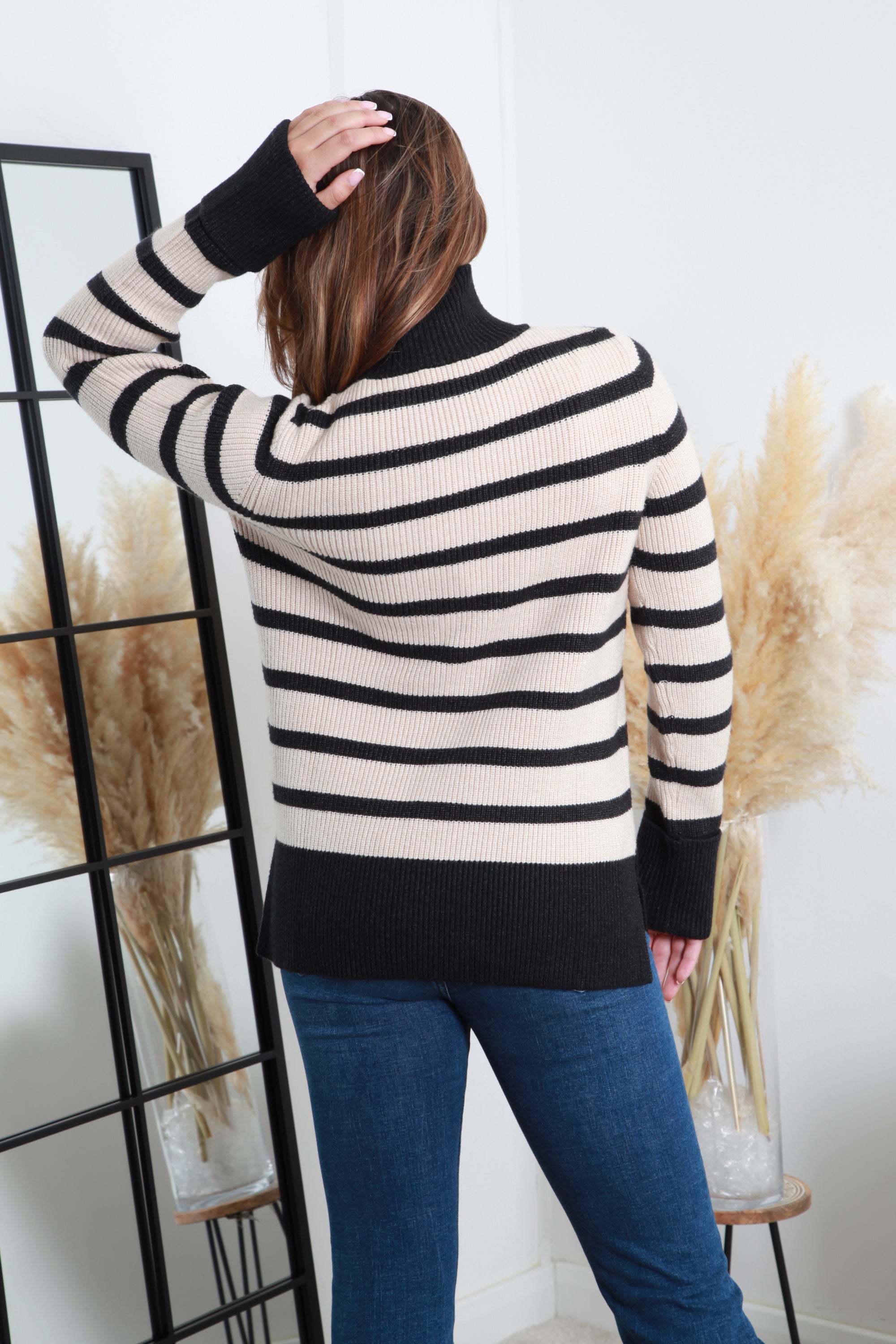 Black Striped Turtle Neck Knit Jumper KN0000528