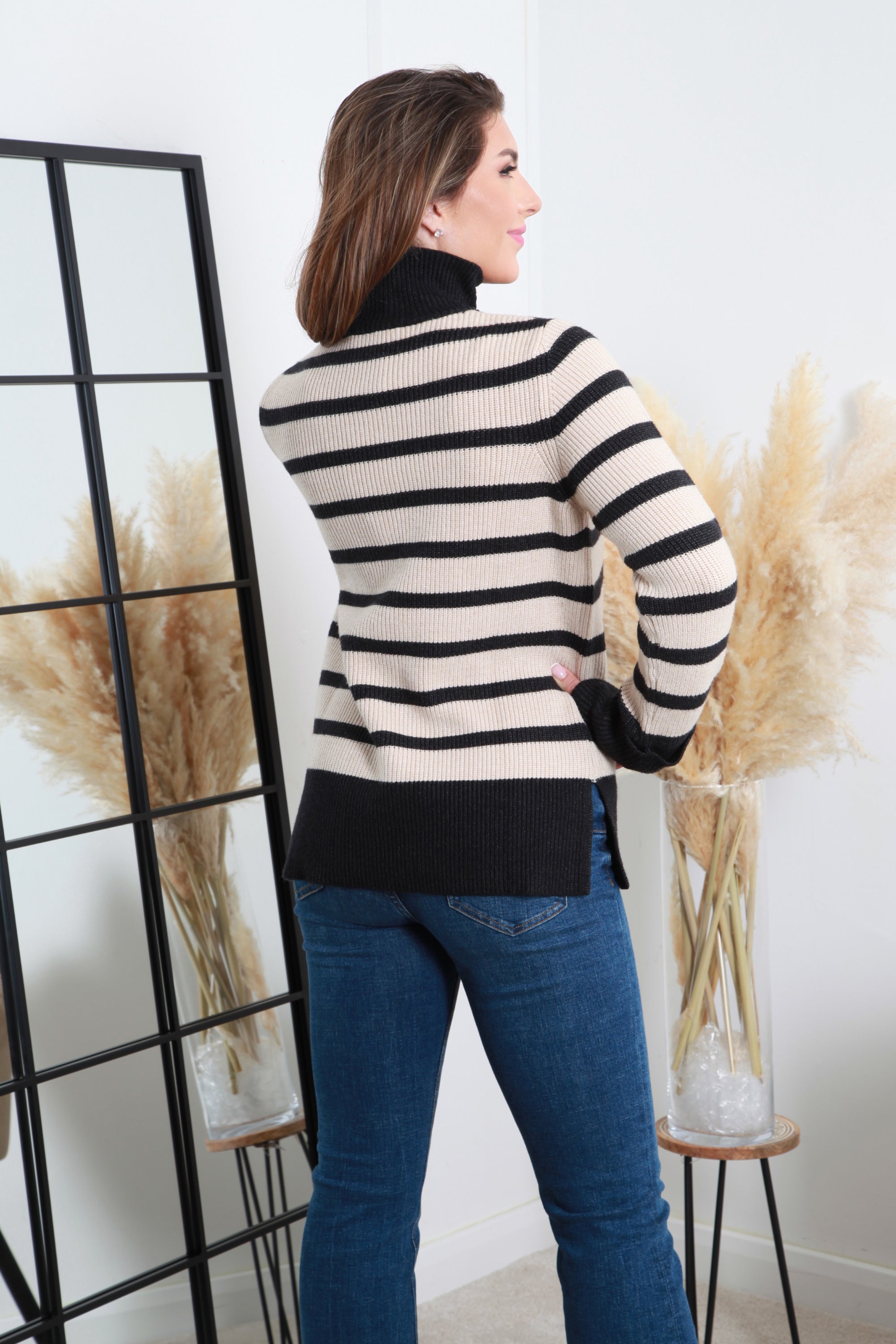 Black Striped Turtle Neck Knit Jumper KN0000528