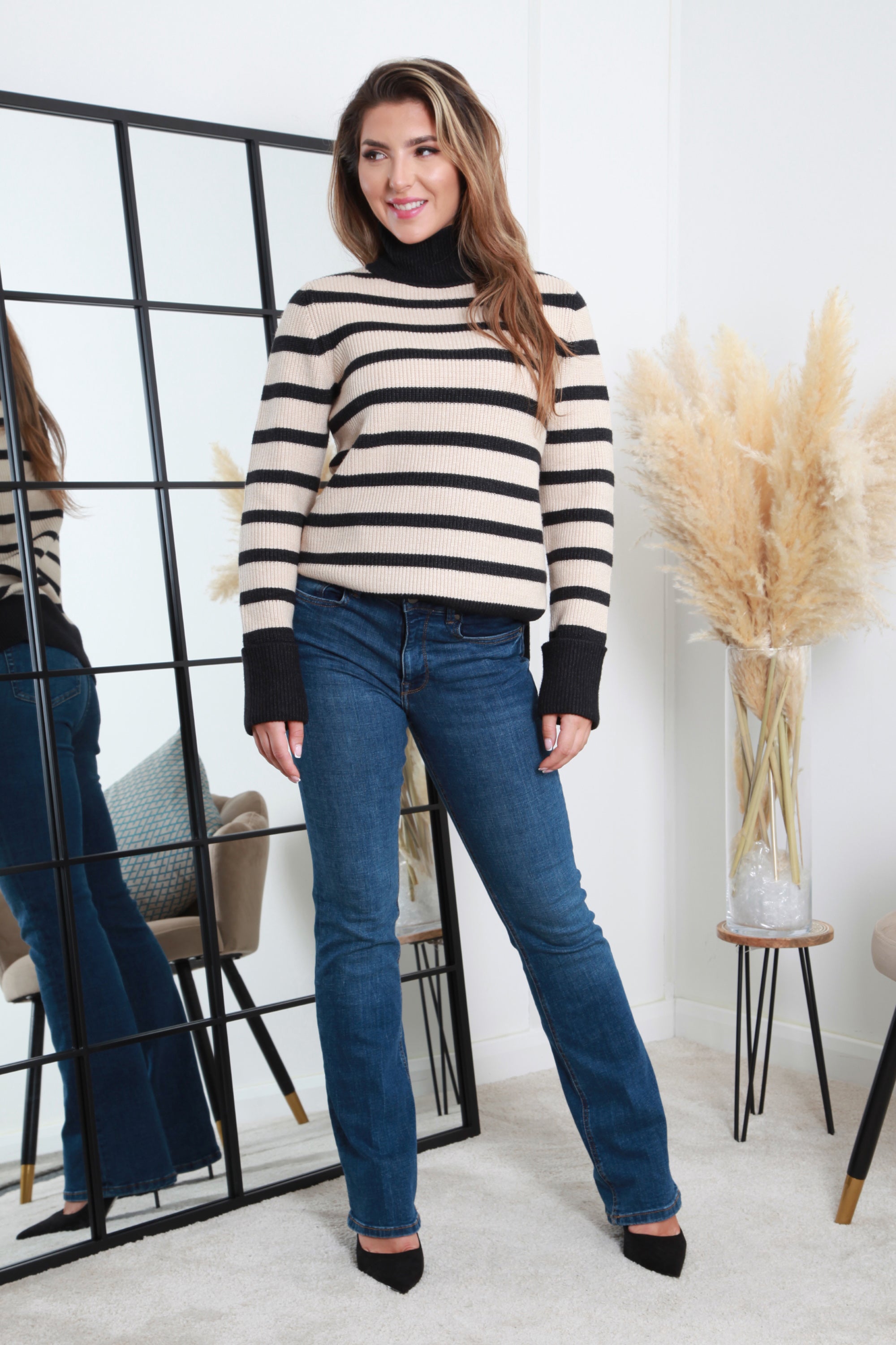 Black Striped Turtle Neck Knit Jumper KN0000528