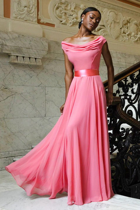 Cowl Neck A-Line Chiffon Maxi Dress - Coral by Goddiva