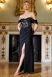 Goddiva Scalloped Lace & Chiffon Winged Corset Bodice Maxi Dress - Black