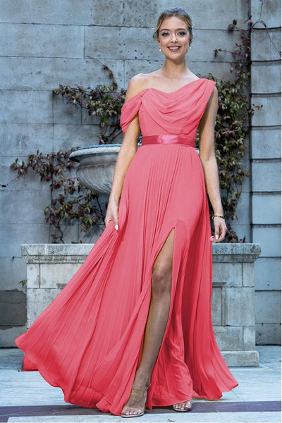 Coral - Cowl Neck One Shoulder A Line Chiffon Maxi Dress - Coral by Goddiva