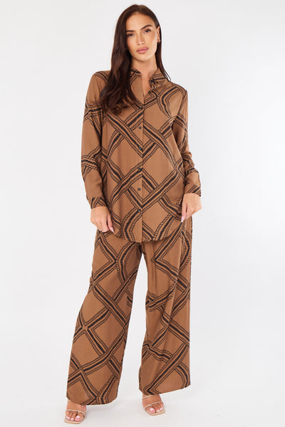 Brown - Brown Rope Lattice Print Wide-Leg Co-ord by LOVE SUNSHINE