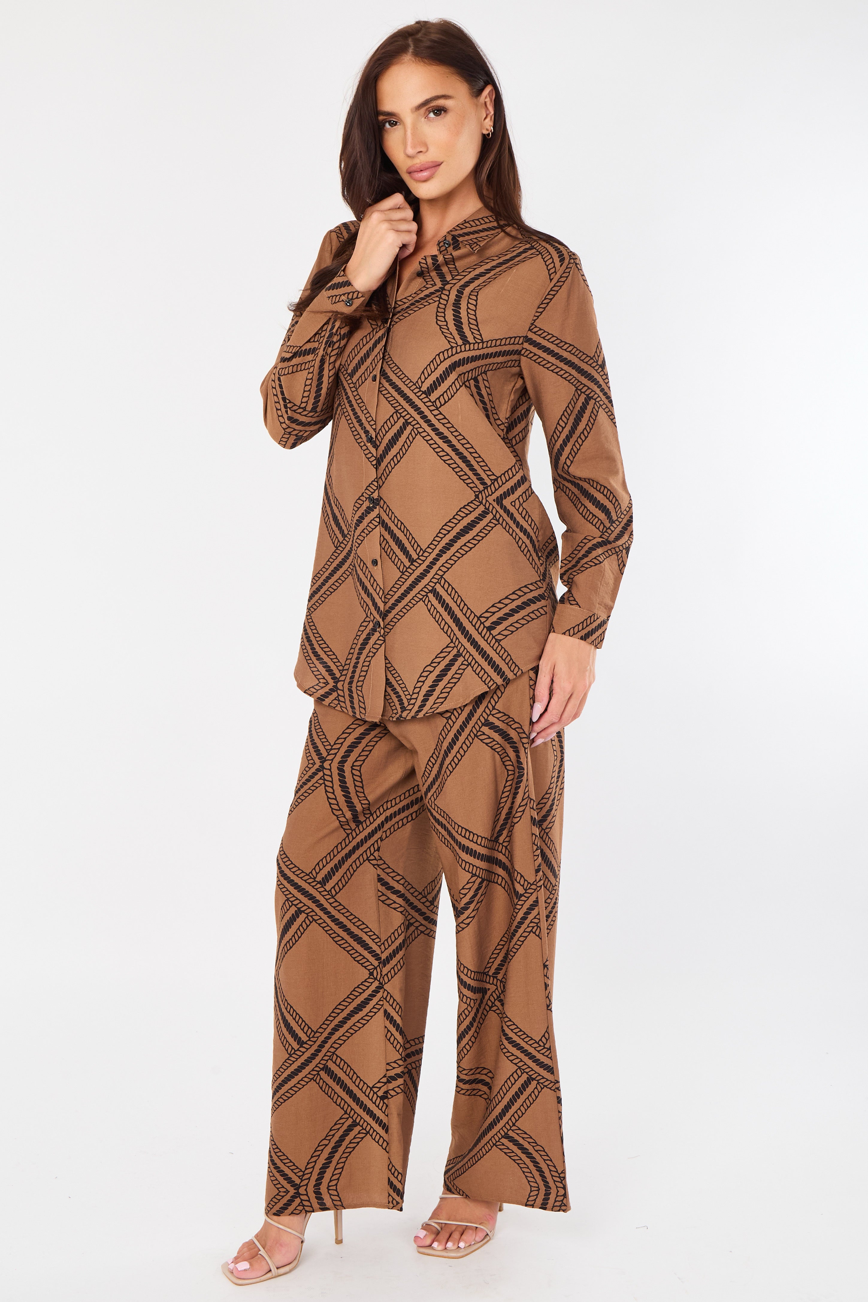 Brown Rope Lattice Print Wide-Leg Co-ord LS-5002&9057-TZ24