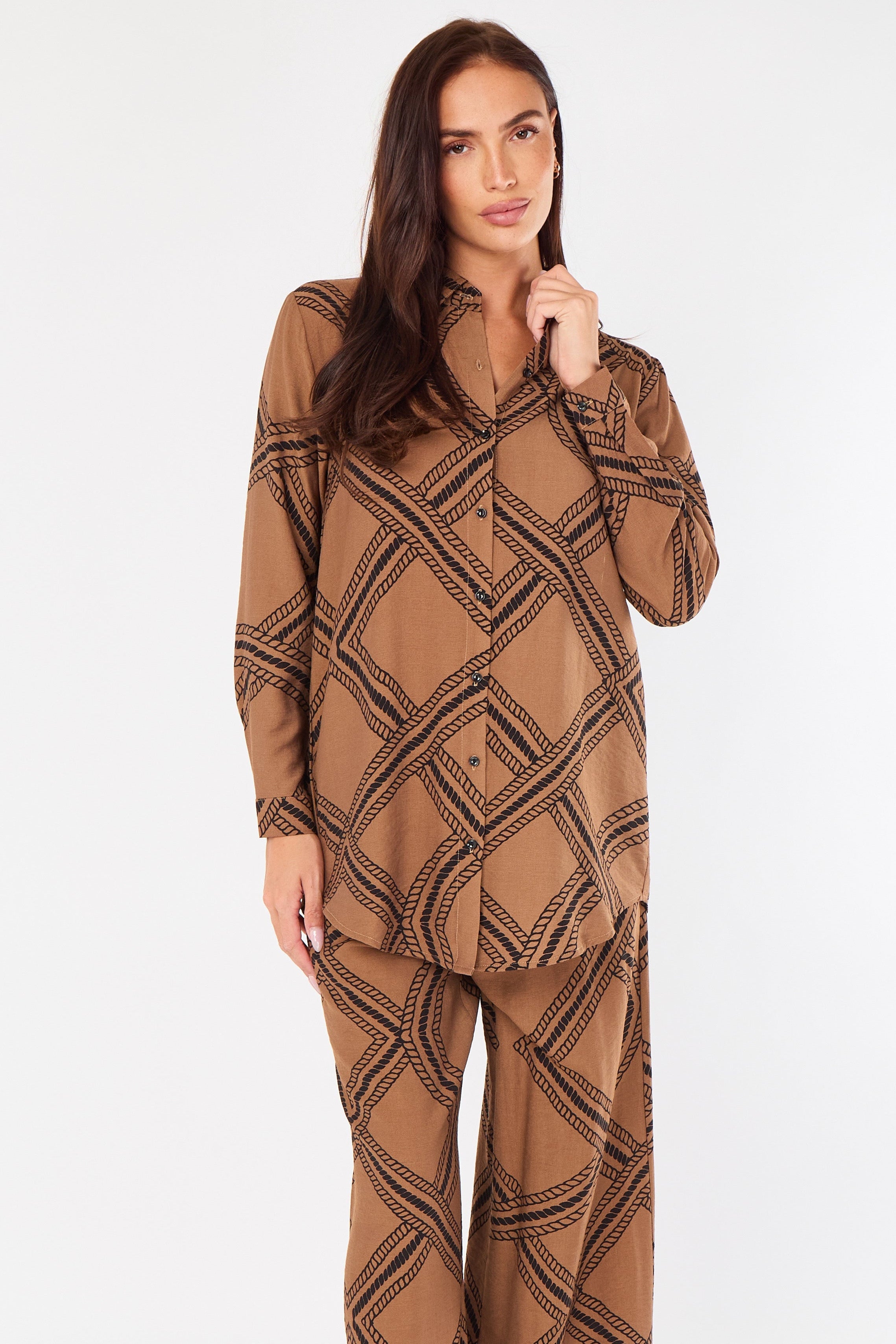 Brown Rope Lattice Print Wide-Leg Co-ord LS-5002&9057-TZ24