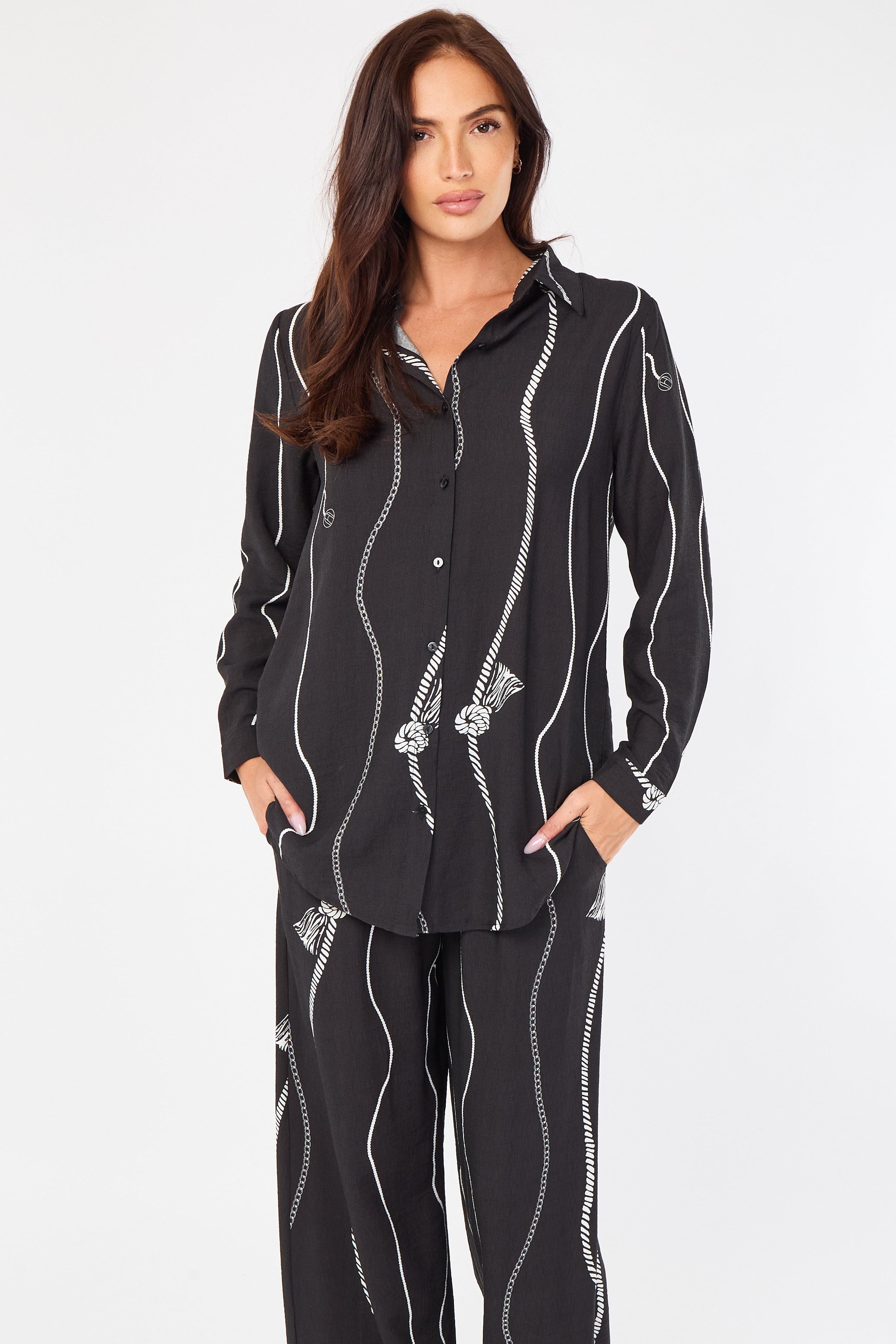 Black Rope Stripe Print Wide-Leg Co-ord LS-5002&9057-TZ23