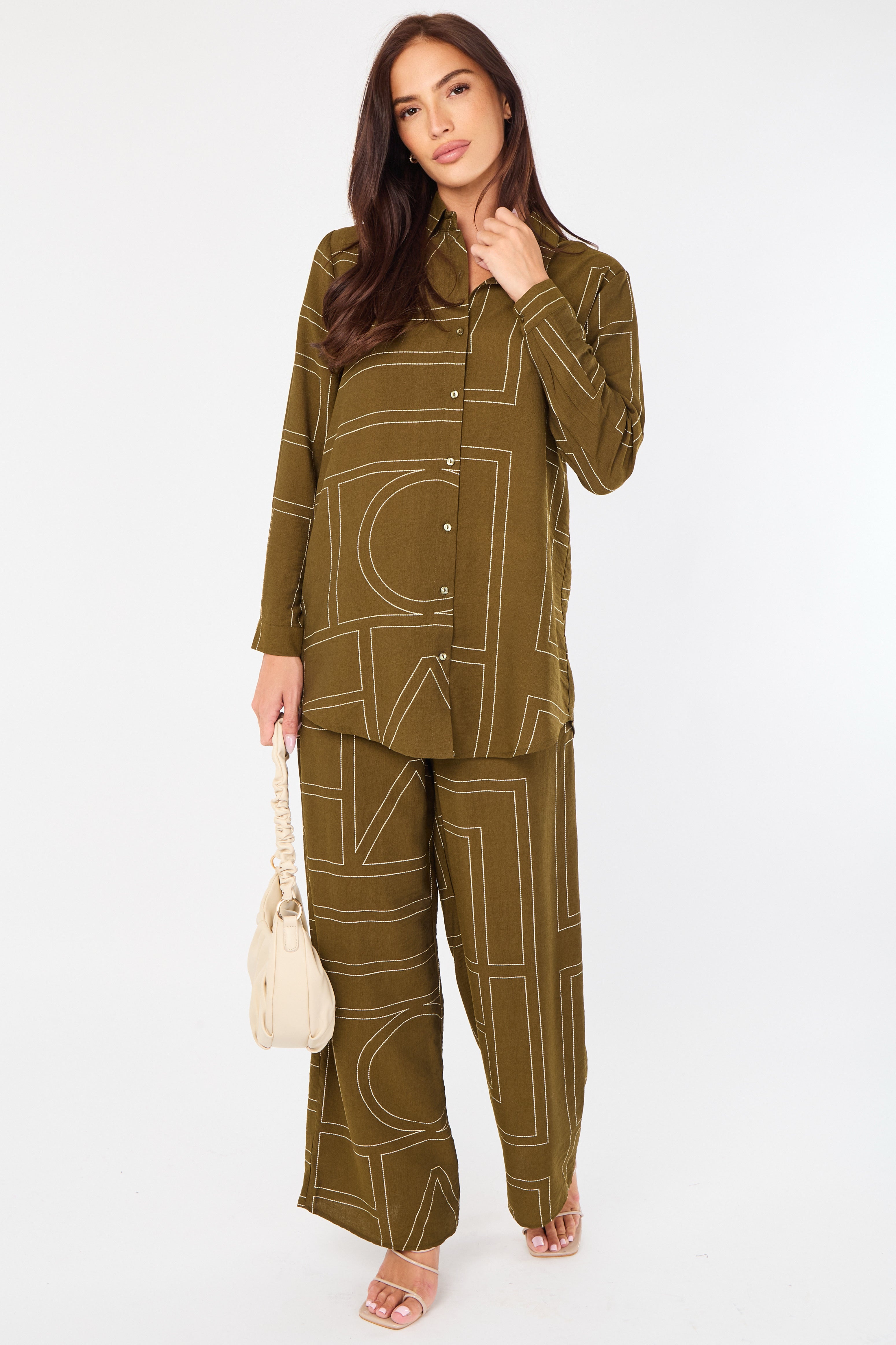 Khaki Geometric Line Print Wide-Leg Co-ord LS-5002&9057-TZ21