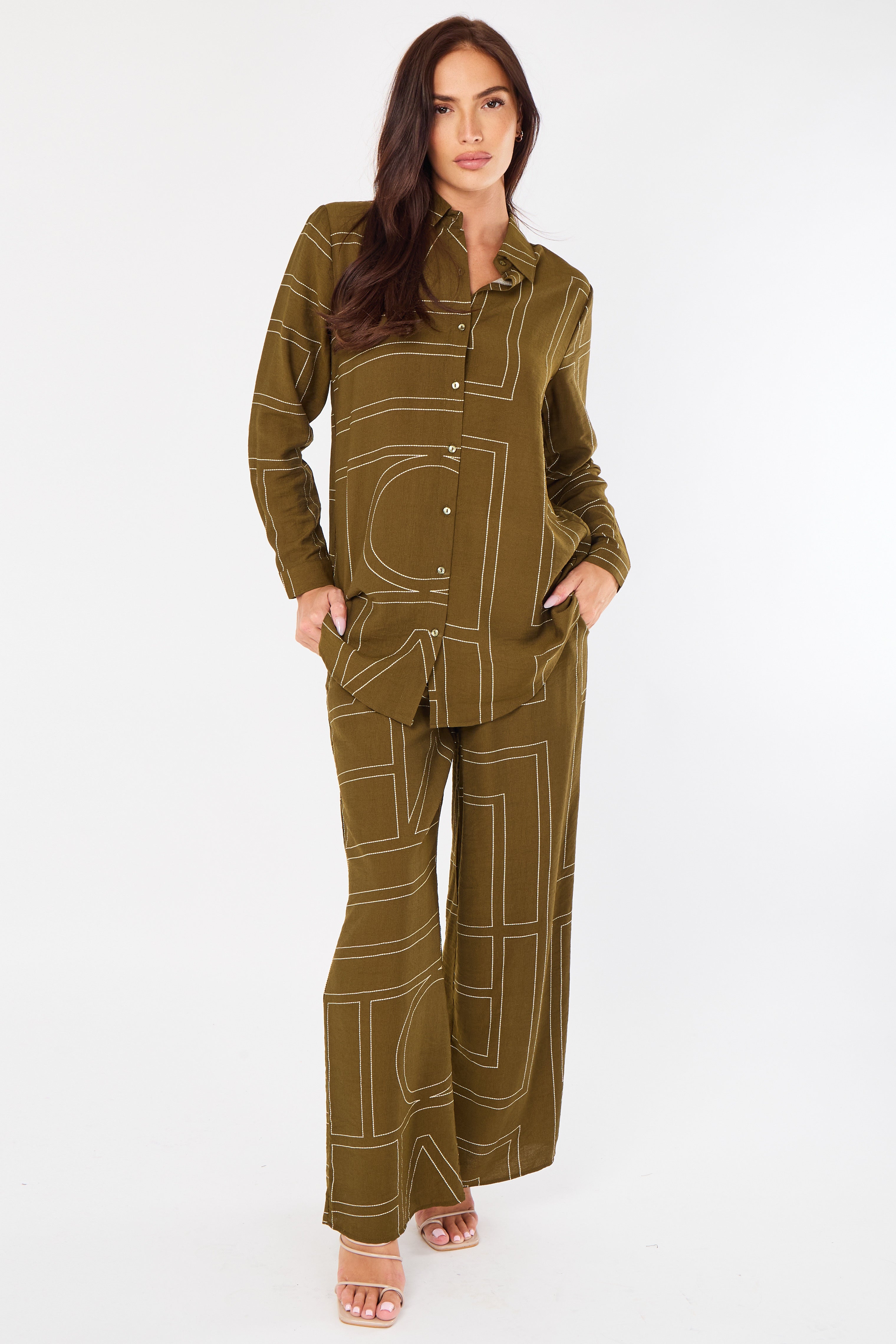 Khaki Geometric Line Print Wide-Leg Co-ord LS-5002&9057-TZ21