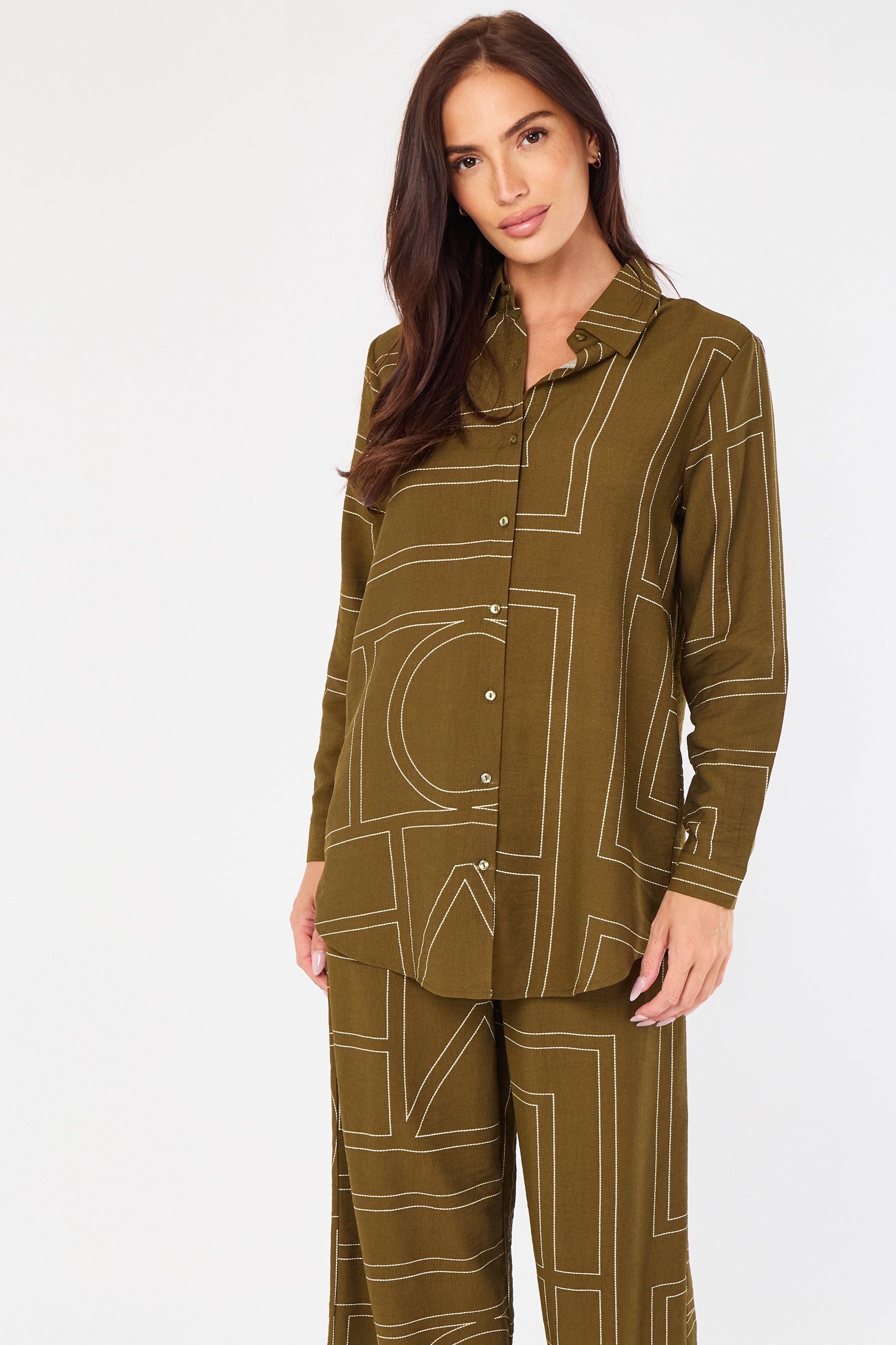 Khaki Geometric Line Print Wide-Leg Co-ord LS-5002&9057-TZ21