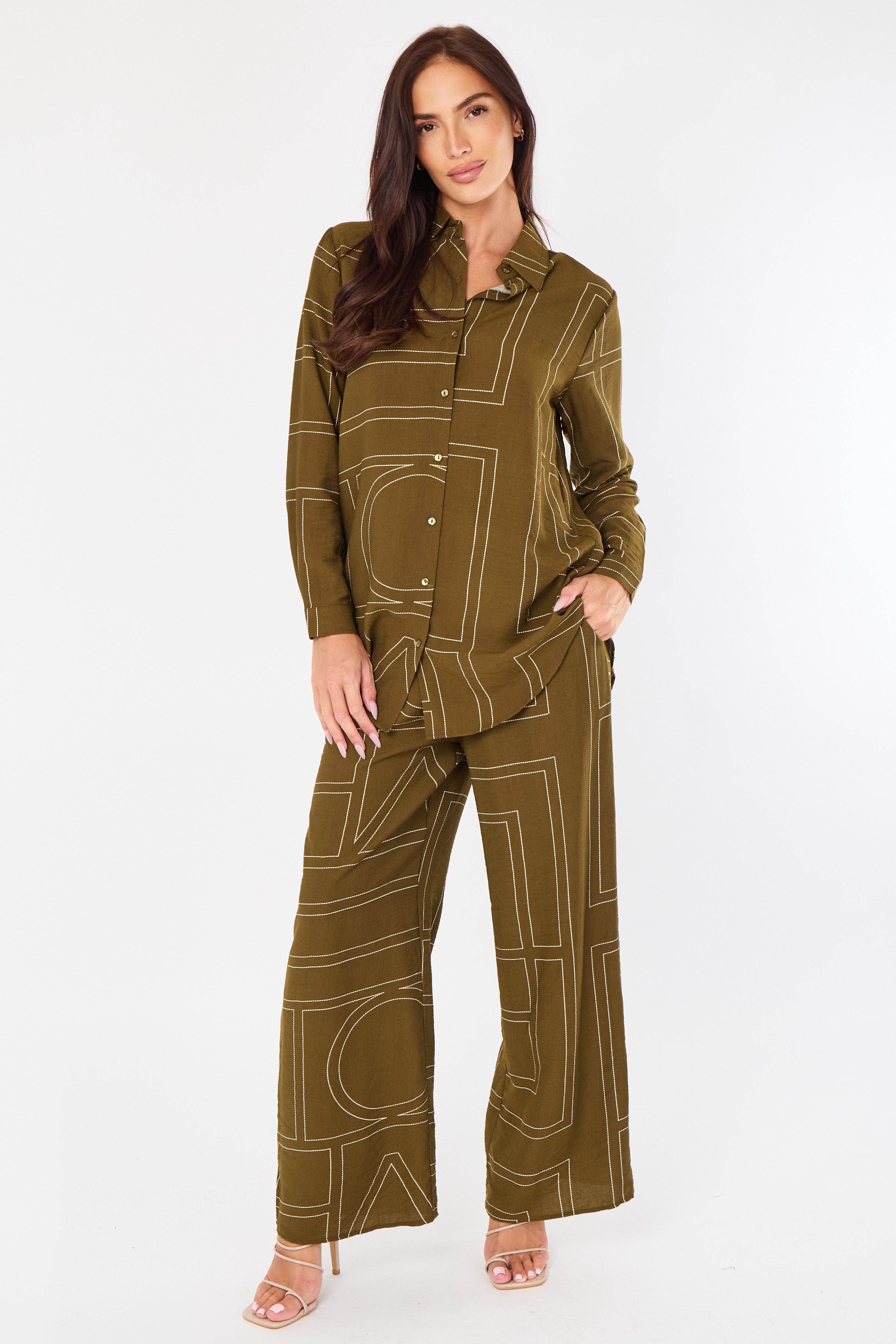 Khaki Geometric Line Print Wide-Leg Co-ord LS-5002&9057-TZ21