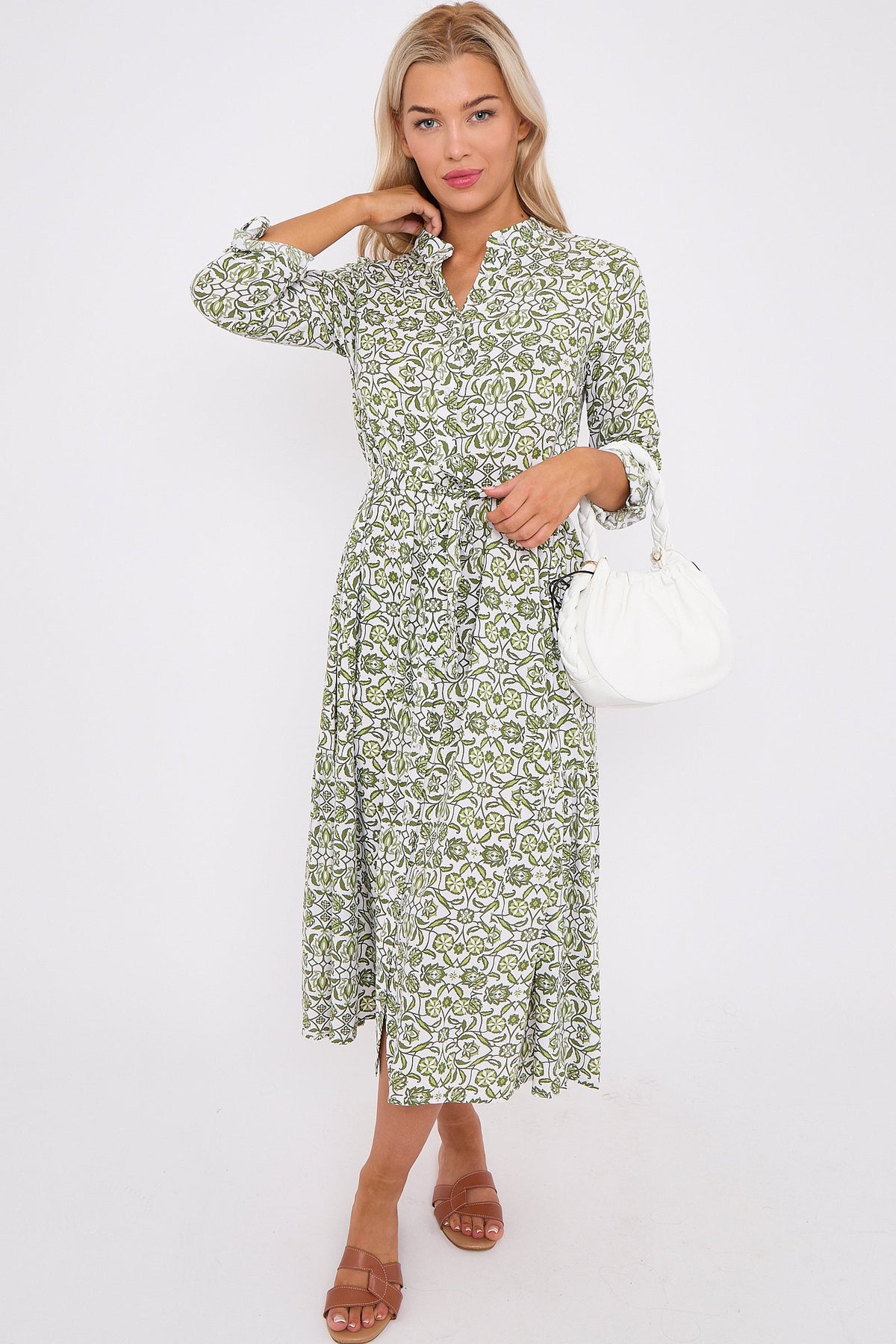 Olive Pattern Print Long Sleeve Midi Dress LS-2414-QW2