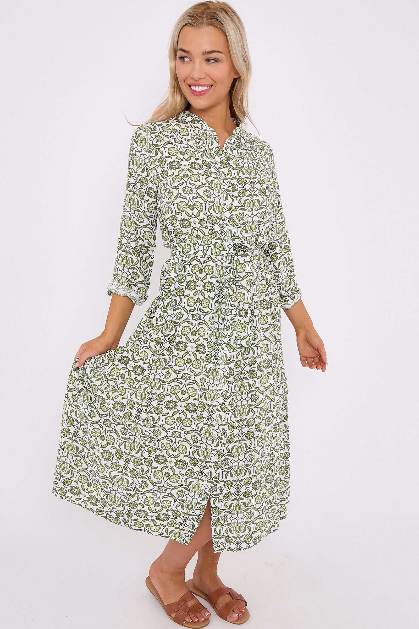 Olive Pattern Print Long Sleeve Midi Dress LS-2414-QW2