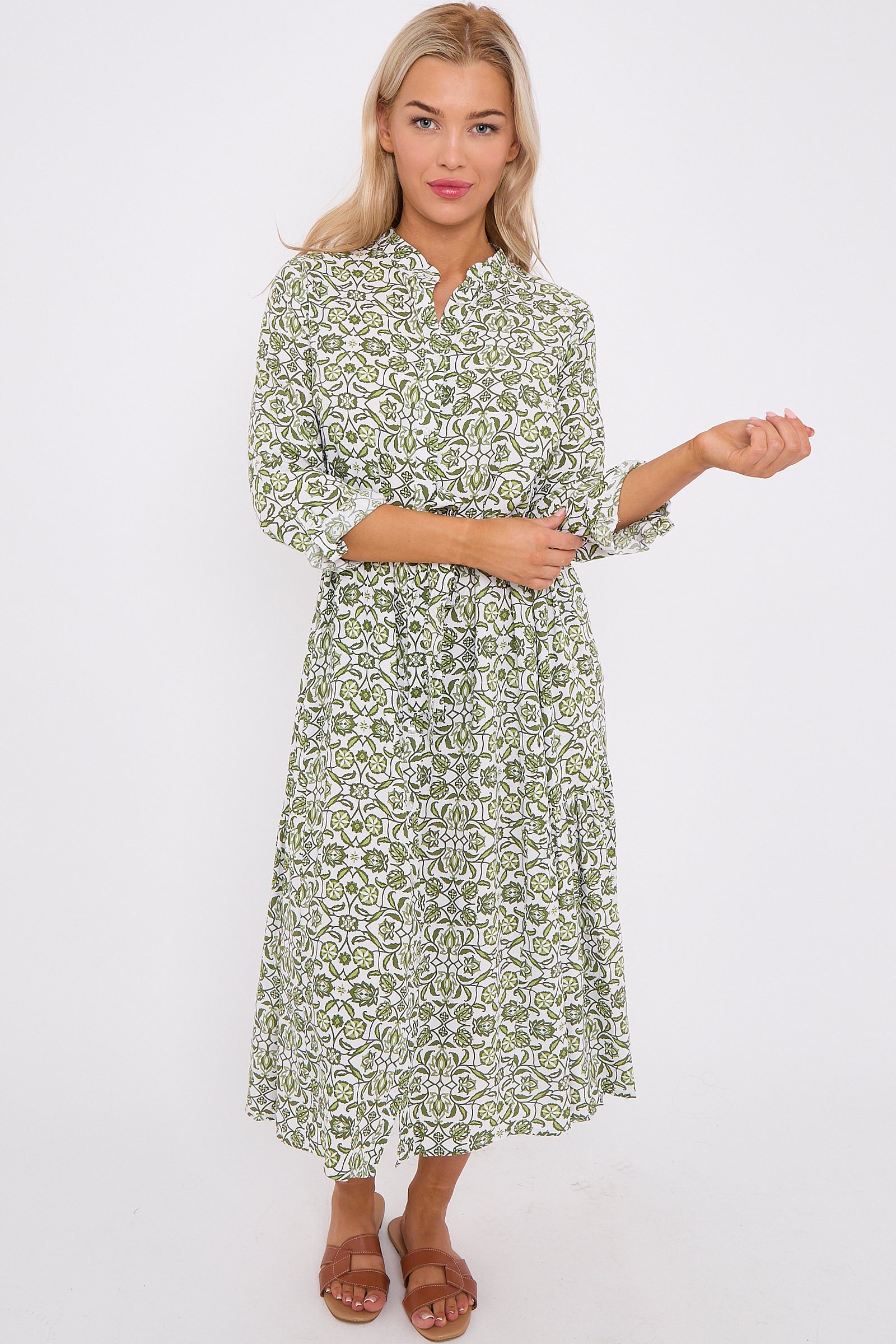 Olive Pattern Print Long Sleeve Midi Dress LS-2414-QW2