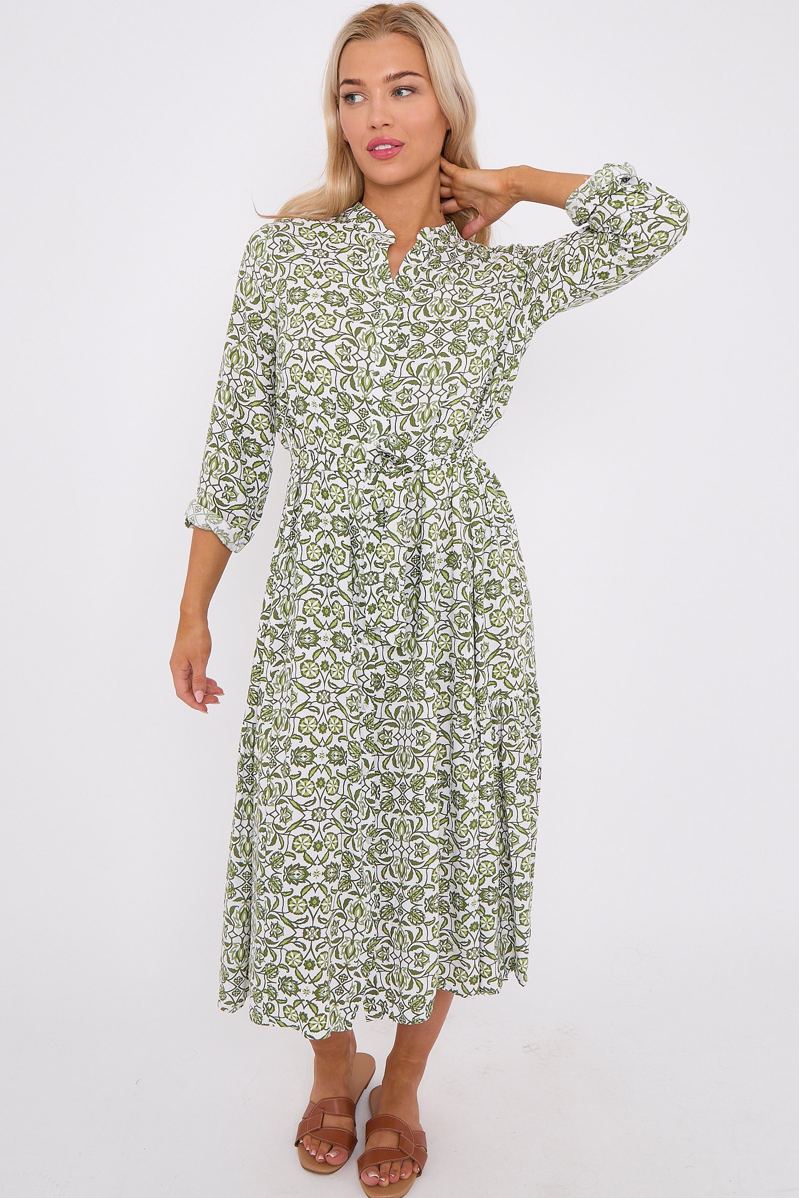 Olive Pattern Print Long Sleeve Midi Dress LS-2414-QW2