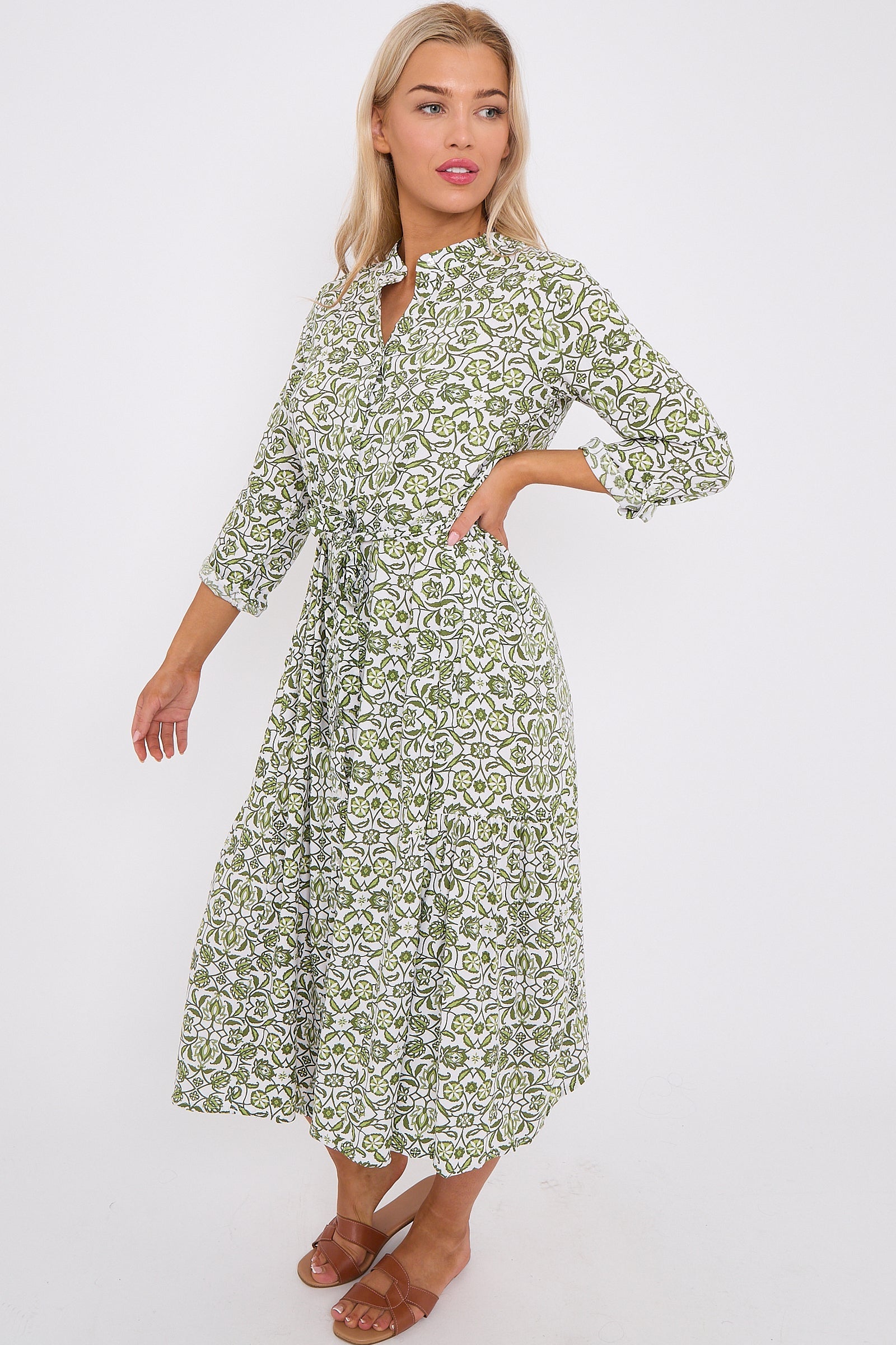 Olive Pattern Print Long Sleeve Midi Dress LS-2414-QW2