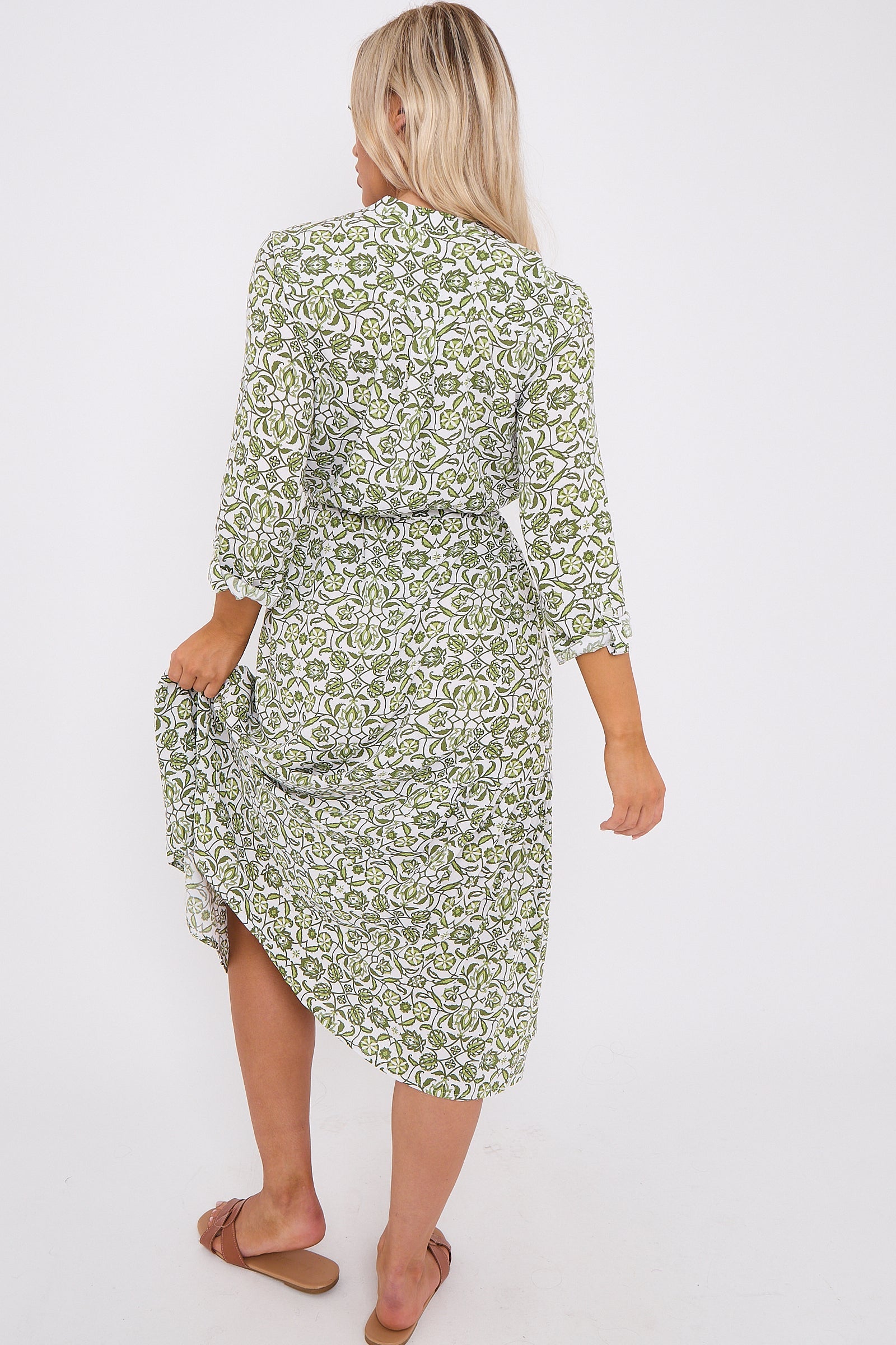 Olive Pattern Print Long Sleeve Midi Dress LS-2414-QW2