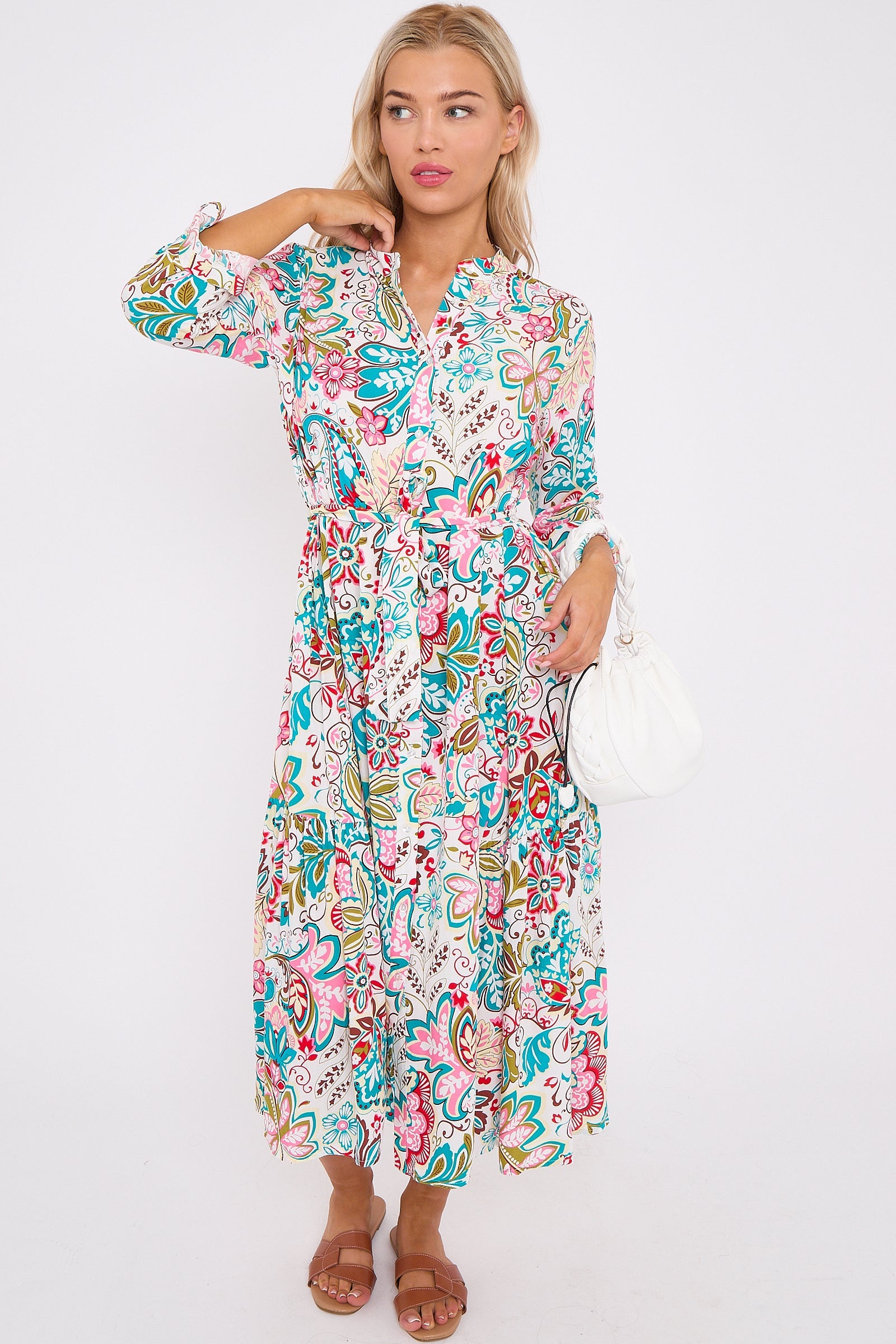 White Multi Floral Print Long Sleeve Midi Dress LS-2414-QW4