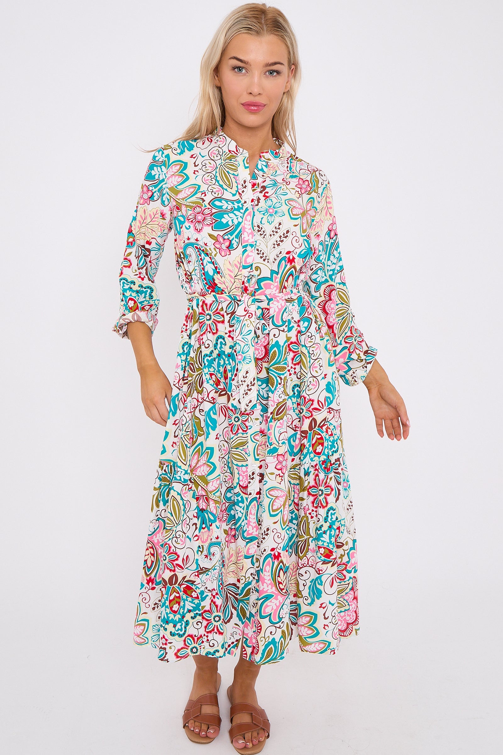 White Multi Floral Print Long Sleeve Midi Dress LS-2414-QW4