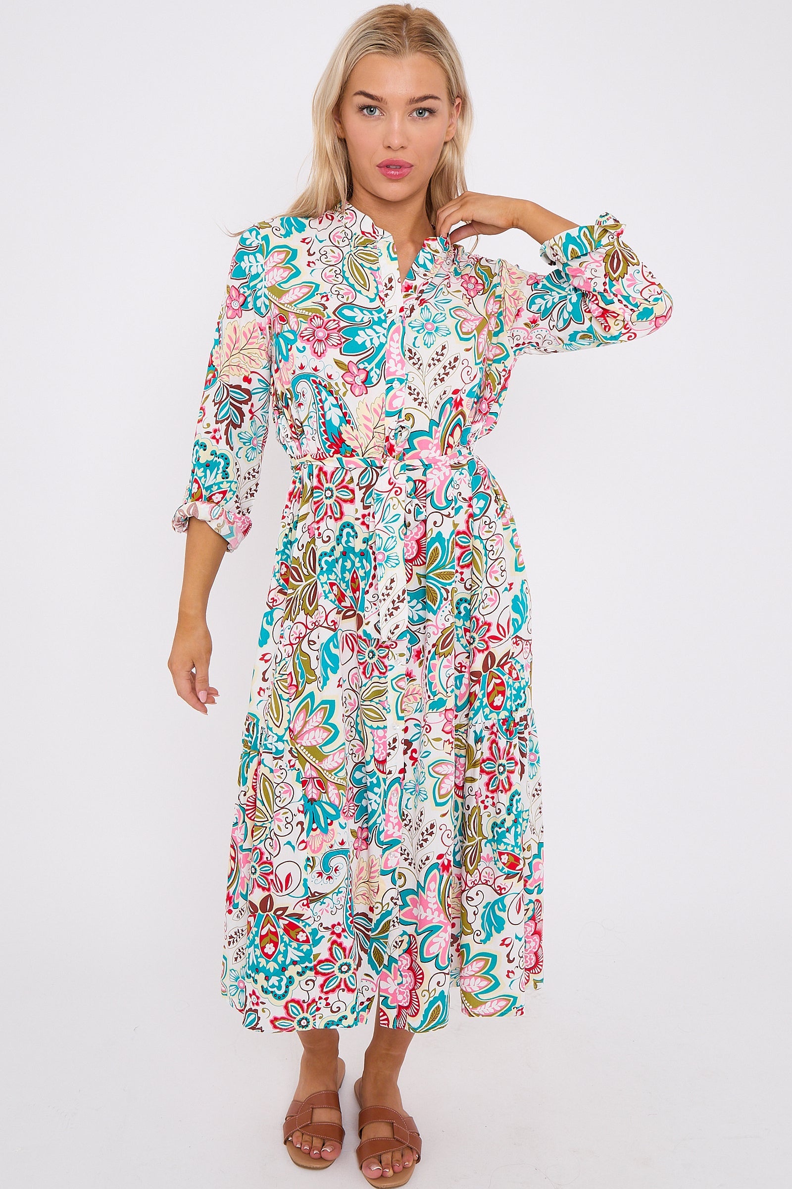 White Multi Floral Print Long Sleeve Midi Dress LS-2414-QW4