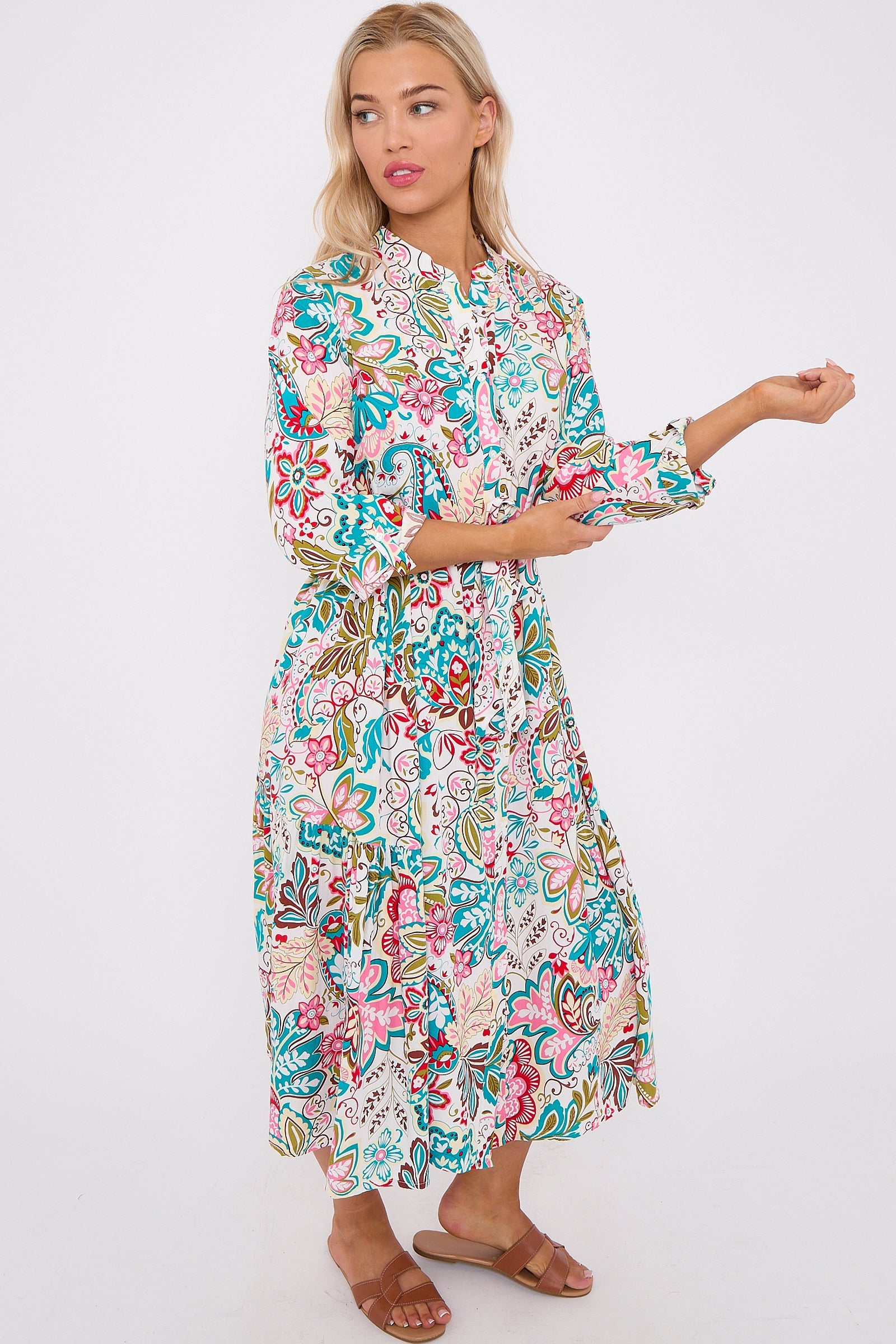 White Multi Floral Print Long Sleeve Midi Dress LS-2414-QW4