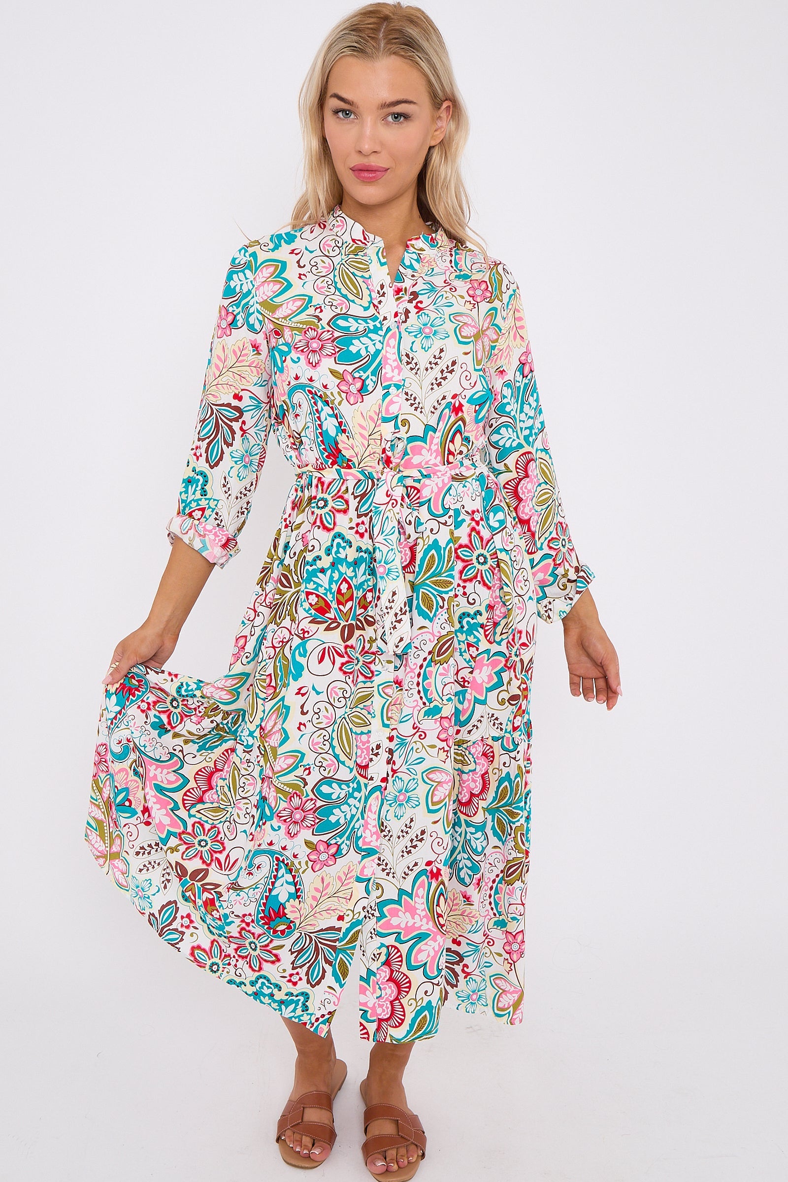 White Multi Floral Print Long Sleeve Midi Dress LS-2414-QW4