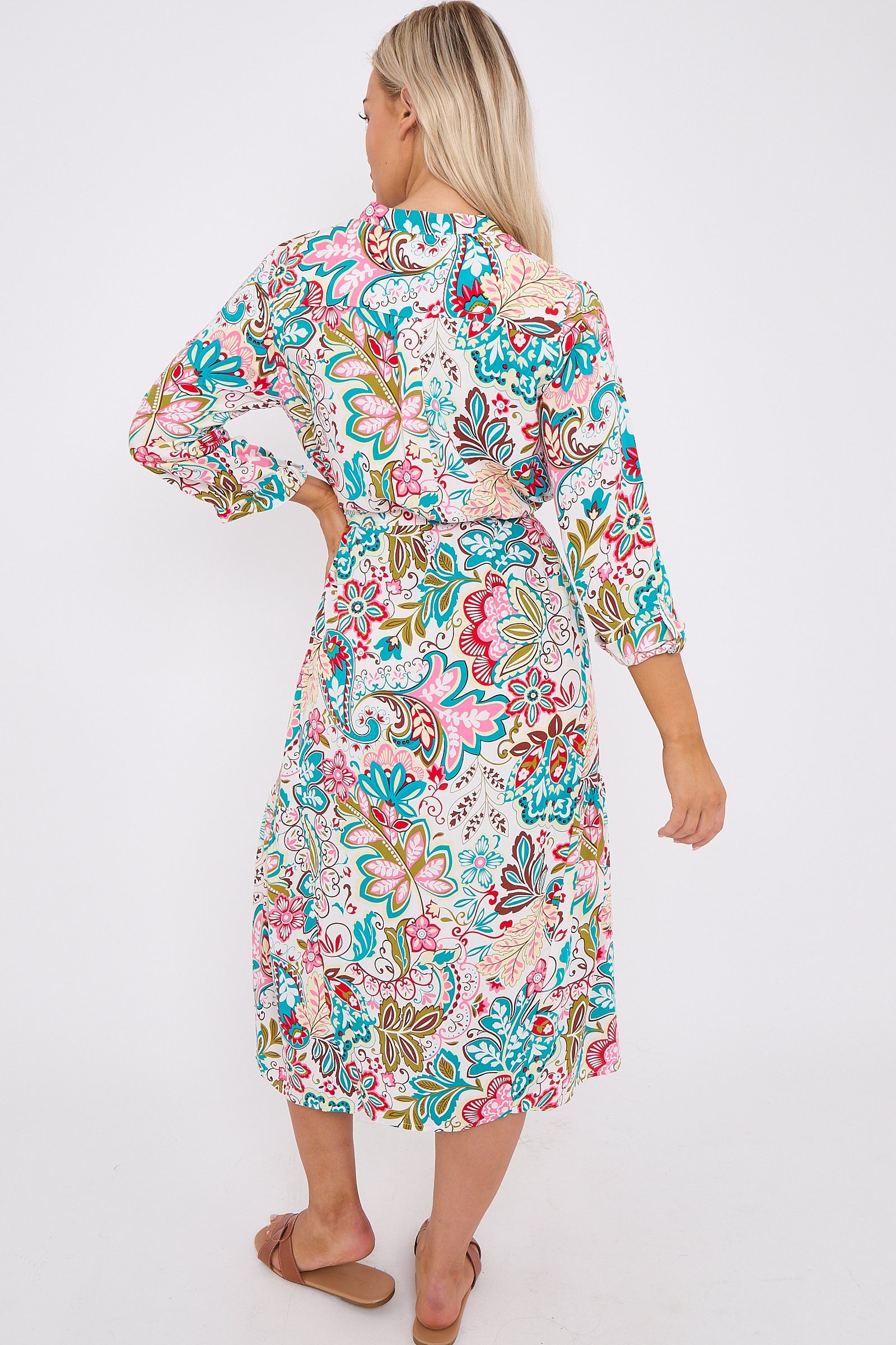 White Multi Floral Print Long Sleeve Midi Dress LS-2414-QW4