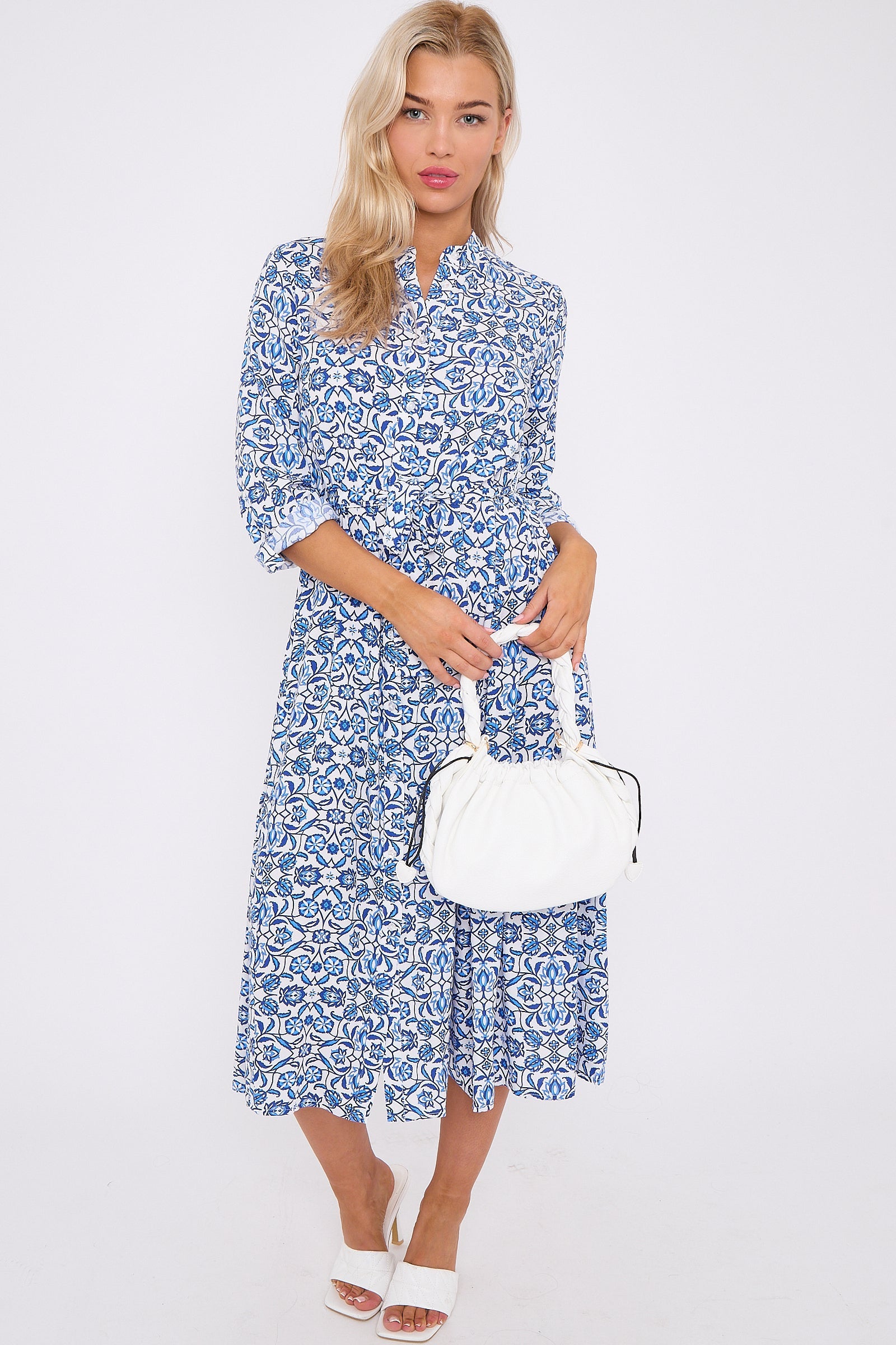 Blue Pattern Print Long Sleeve Midi Dress LS-2414-QW1