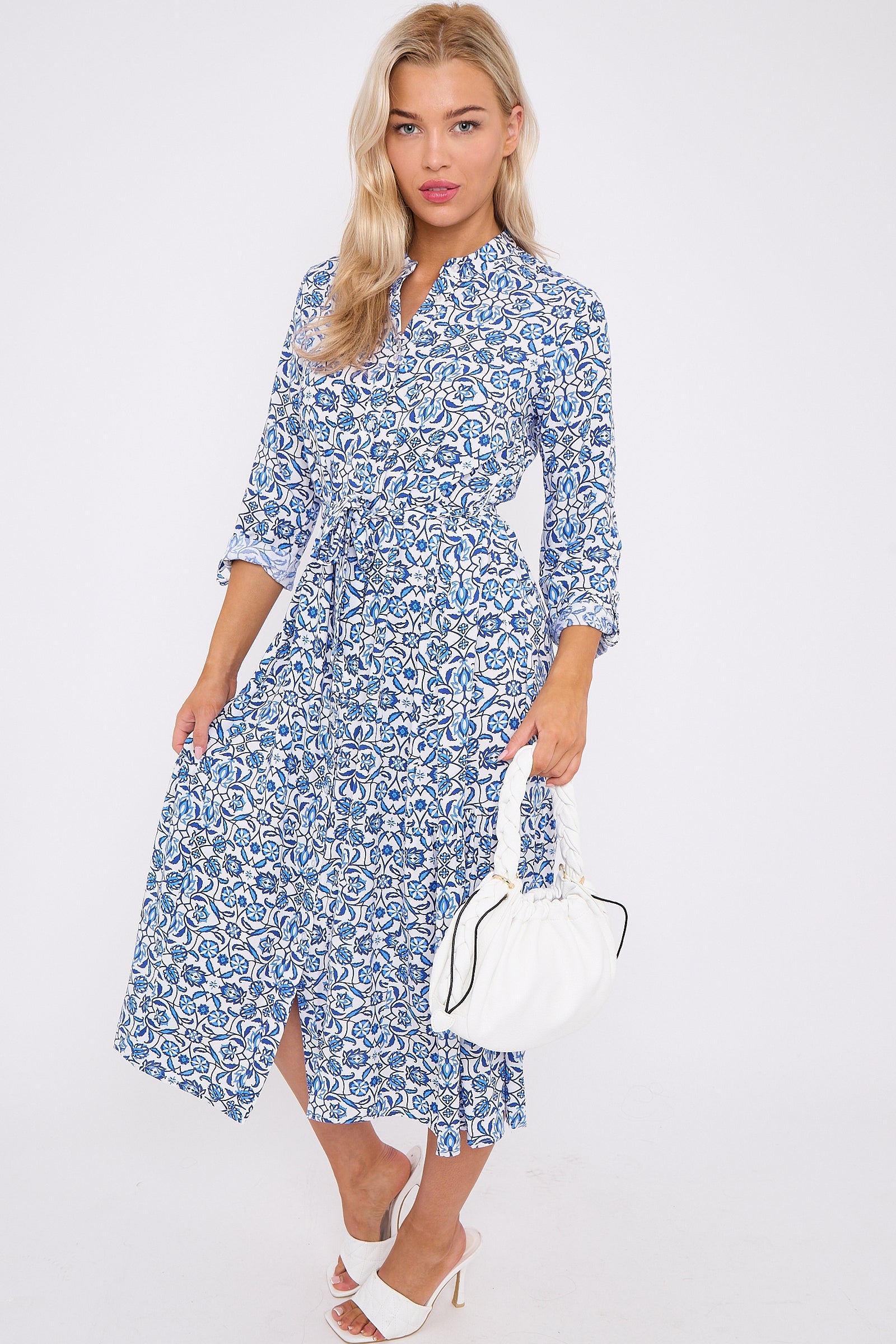 Blue Pattern Print Long Sleeve Midi Dress LS-2414-QW1