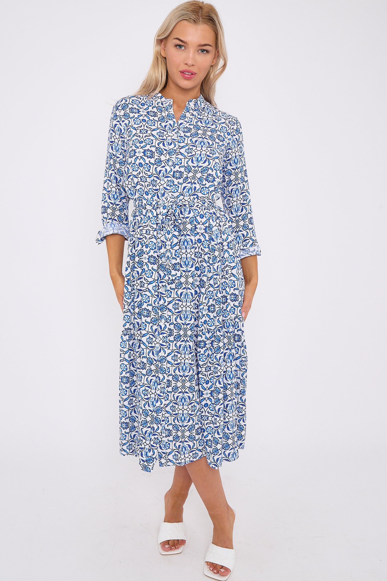 Blue Pattern Print Long Sleeve Midi Dress LS-2414-QW1