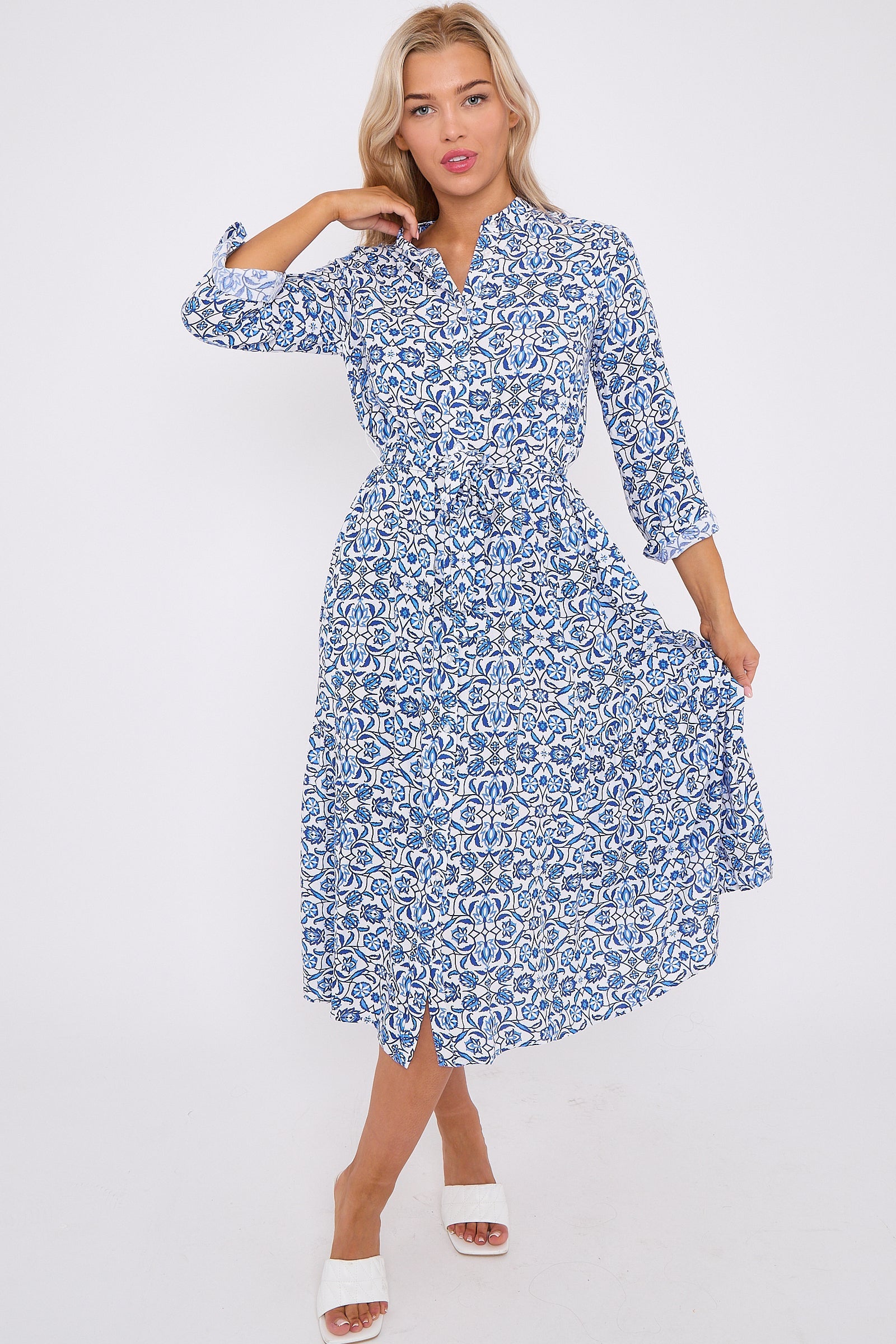 Blue Pattern Print Long Sleeve Midi Dress LS-2414-QW1