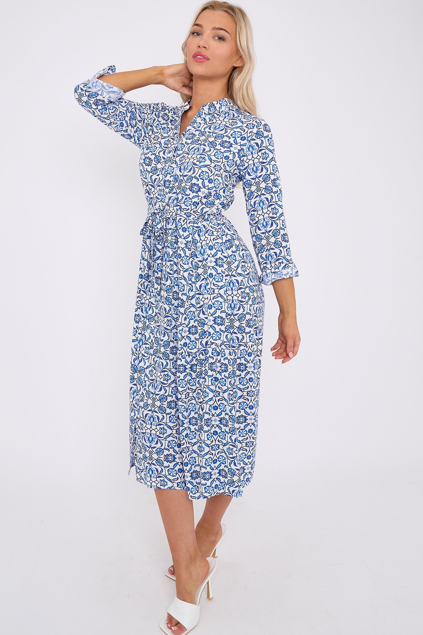 Blue Pattern Print Long Sleeve Midi Dress LS-2414-QW1