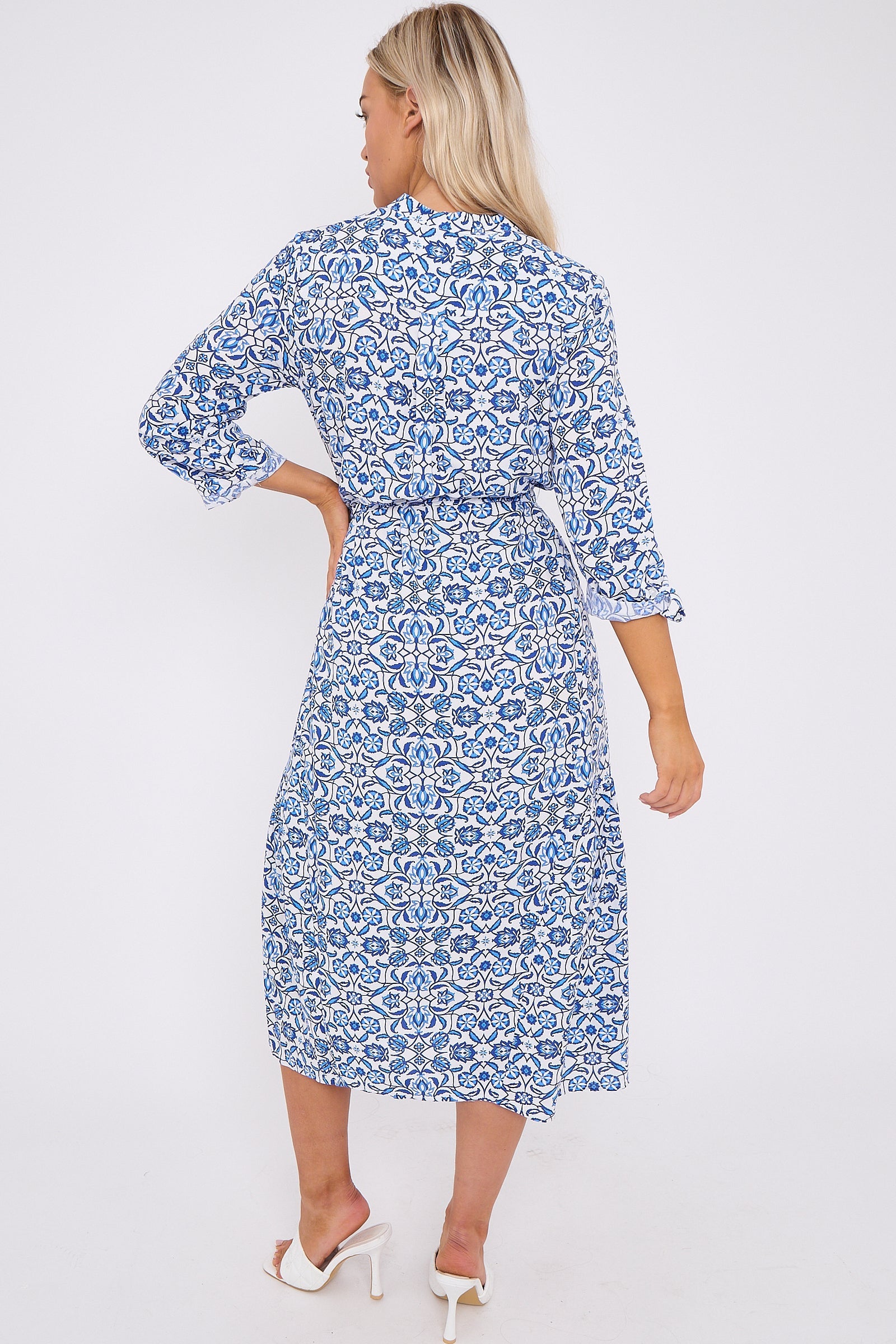 Blue Pattern Print Long Sleeve Midi Dress LS-2414-QW1