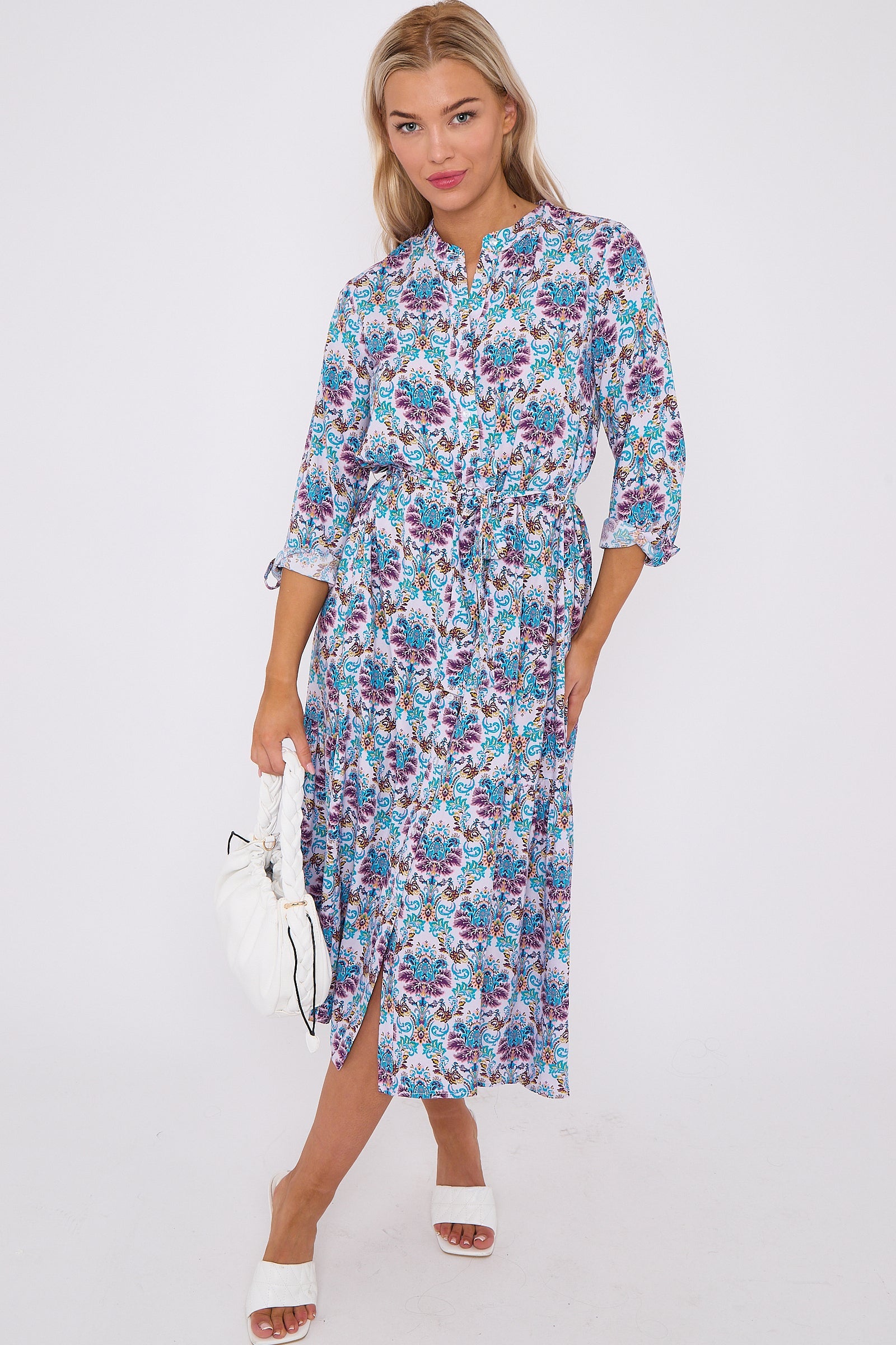 Blue Bohemian Print Long Sleeve Midi Dress LS-2414-QW6