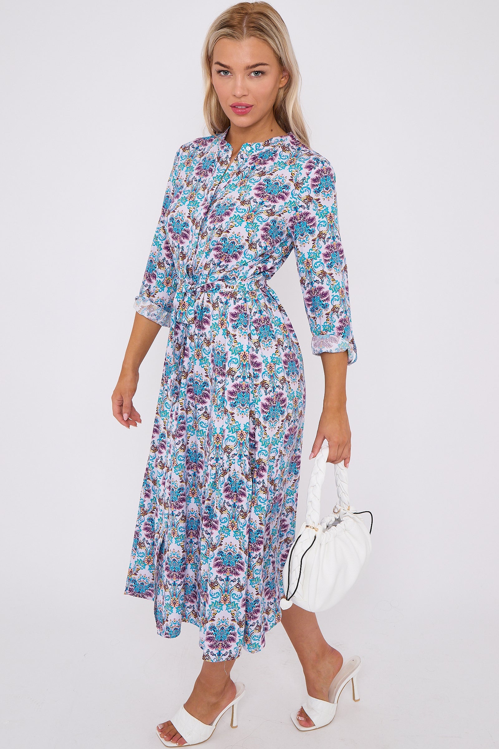 Blue Bohemian Print Long Sleeve Midi Dress LS-2414-QW6