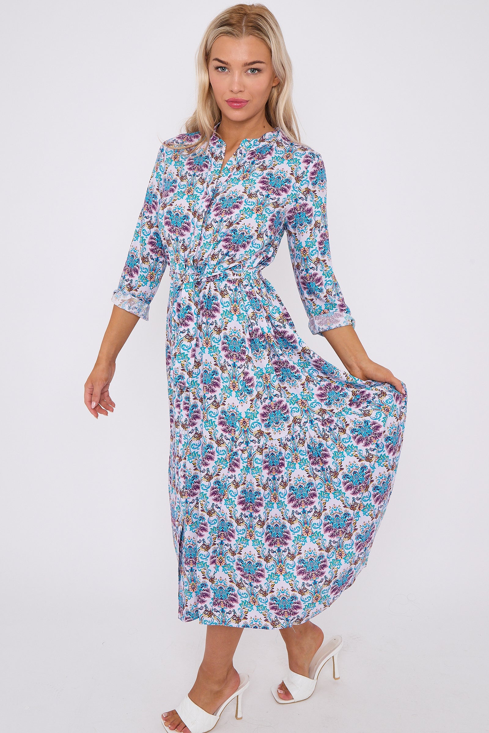 Blue Bohemian Print Long Sleeve Midi Dress LS-2414-QW6