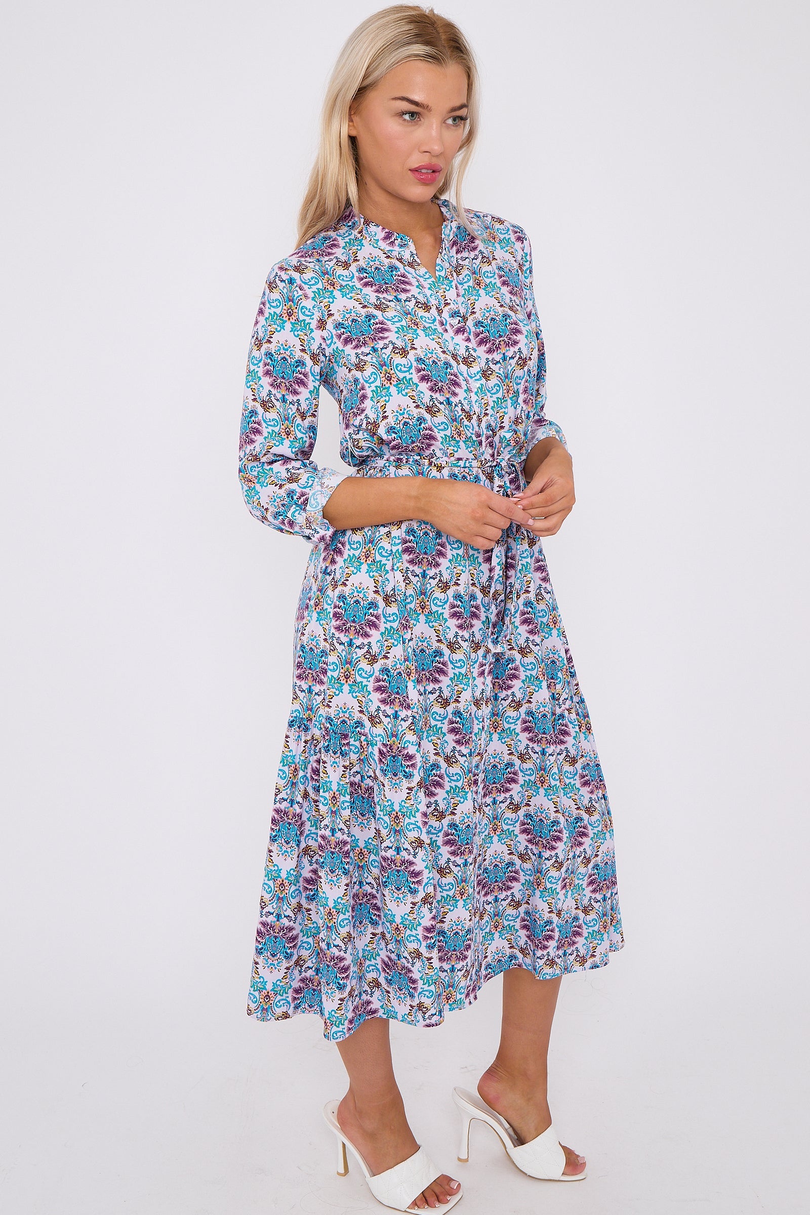 Blue Bohemian Print Long Sleeve Midi Dress LS-2414-QW6