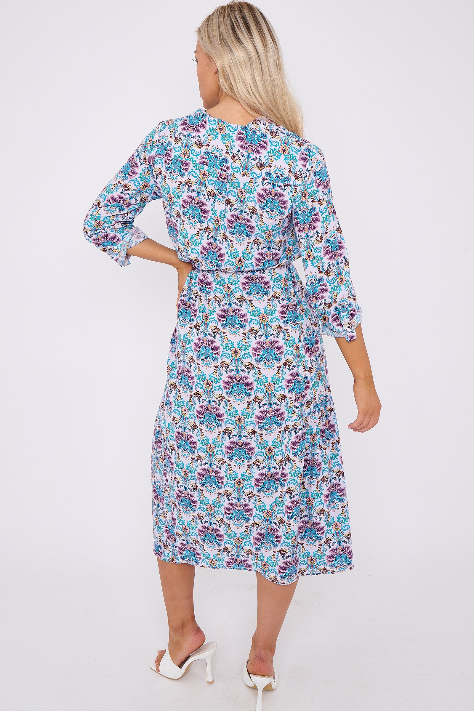 Blue Bohemian Print Long Sleeve Midi Dress LS-2414-QW6