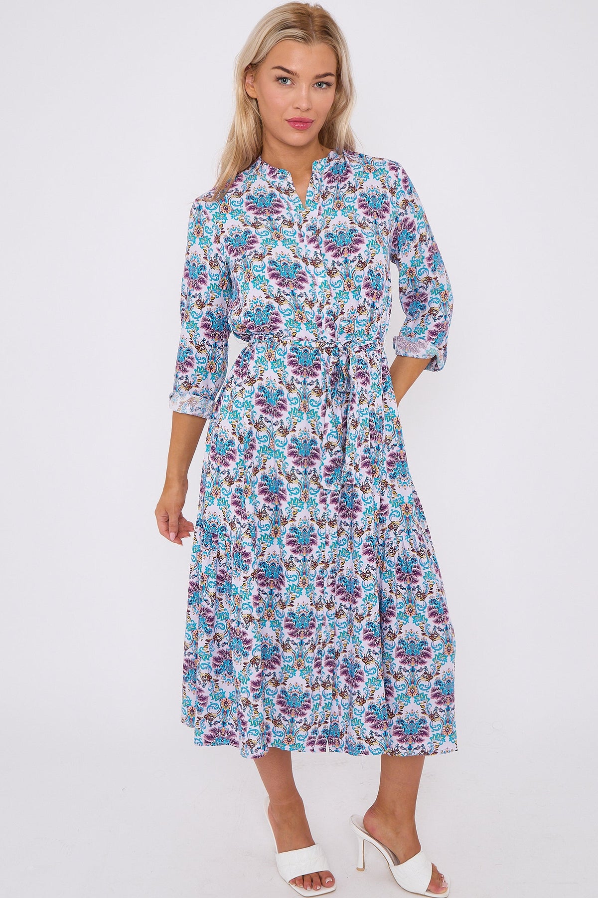 Blue Bohemian Print Long Sleeve Midi Dress LS-2414-QW6