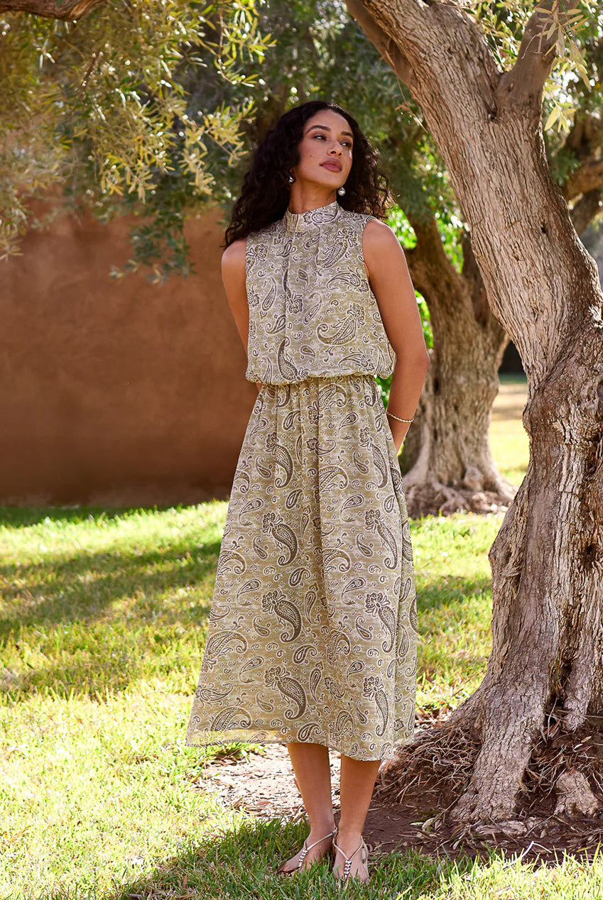 Paisley Print Rhinestone High Neck Midi Dress BV269851056