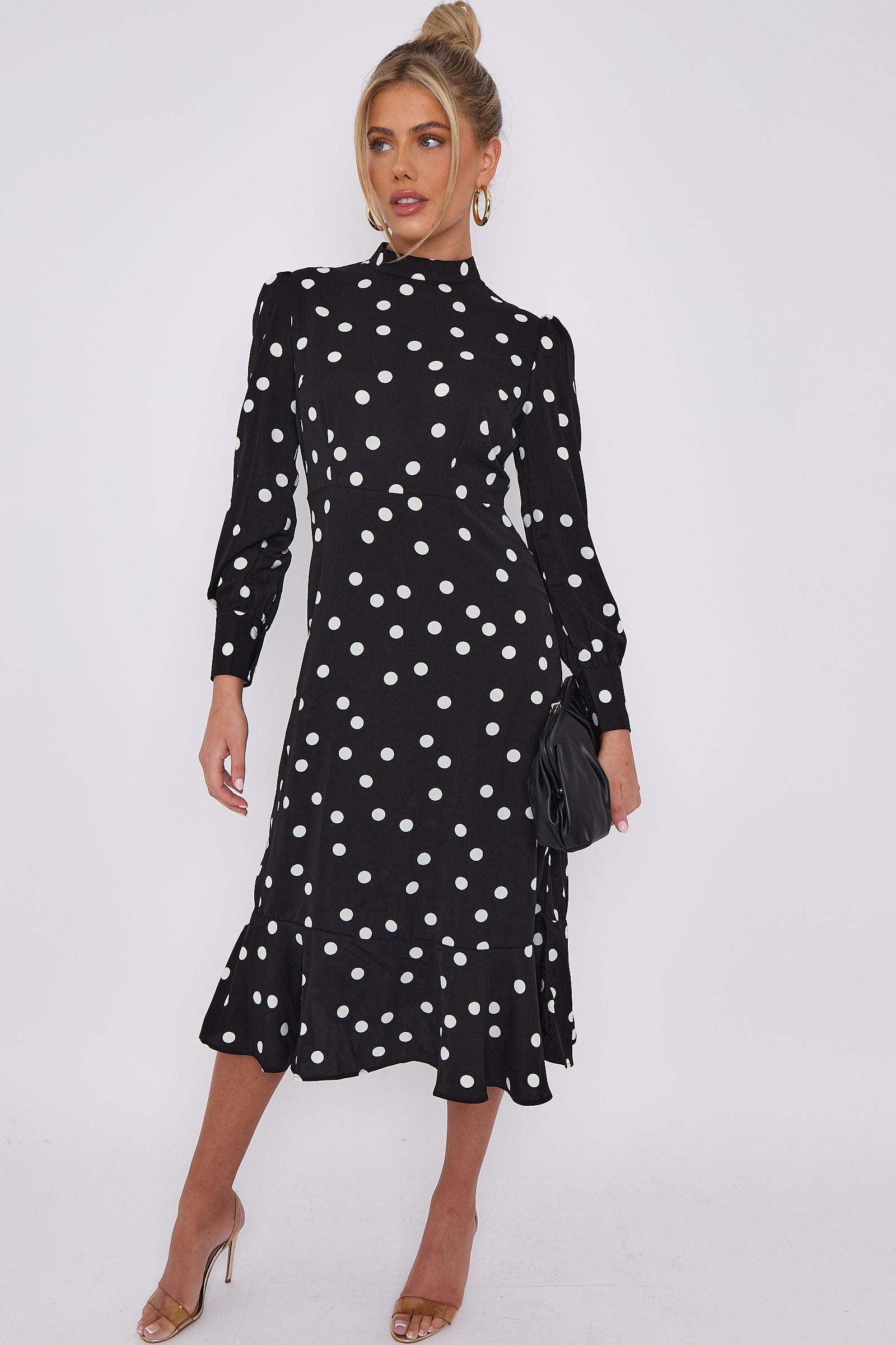 Black Polka Dot Print Frilled Hem Midi Dress LS2332-EB8