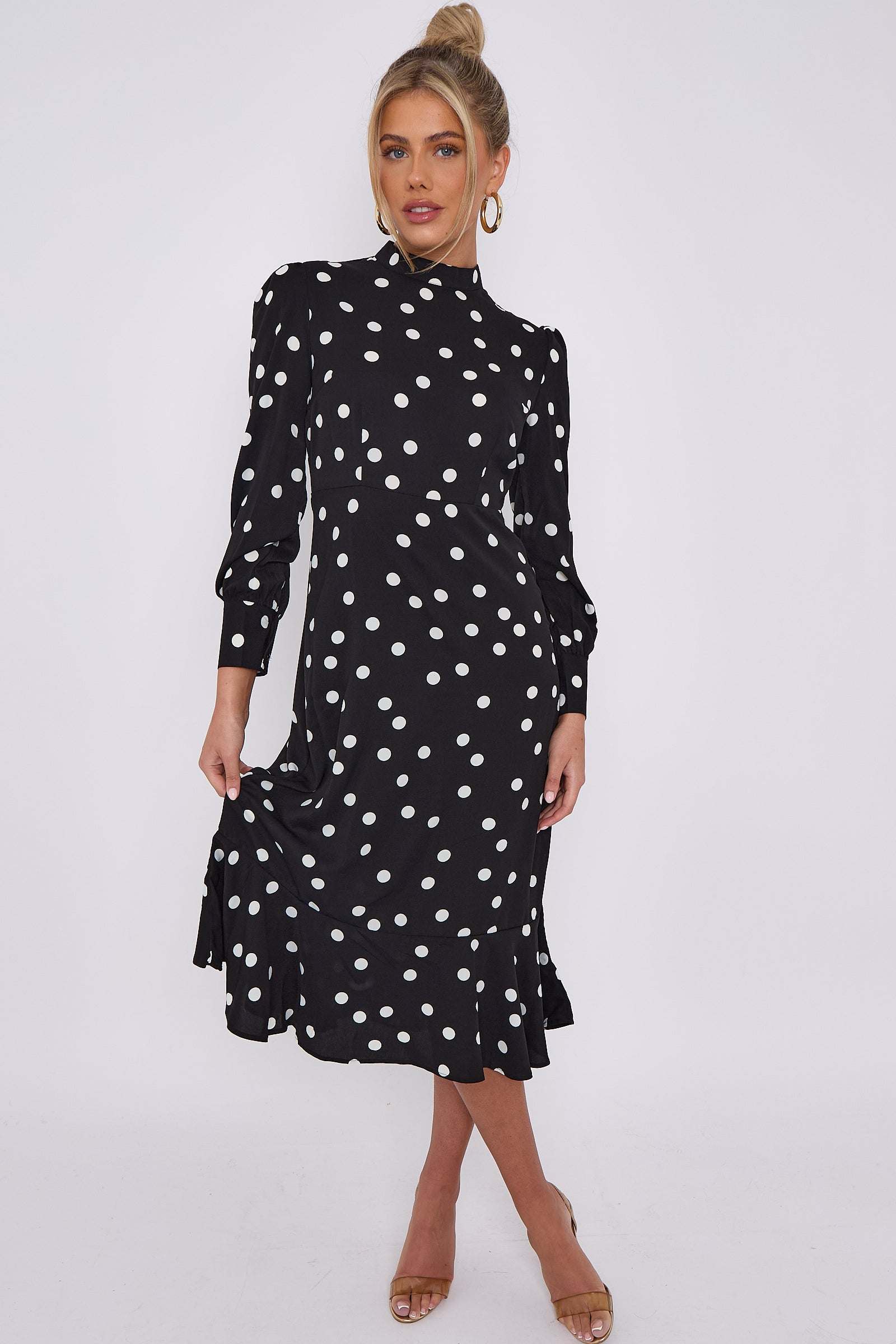 Black Polka Dot Print Frilled Hem Midi Dress LS2332-EB8