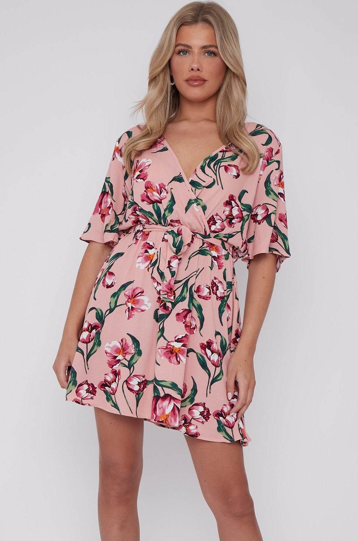 Pink Floral Print Cheese Cloth Wrapped Mini Dress LS-2229-PV5